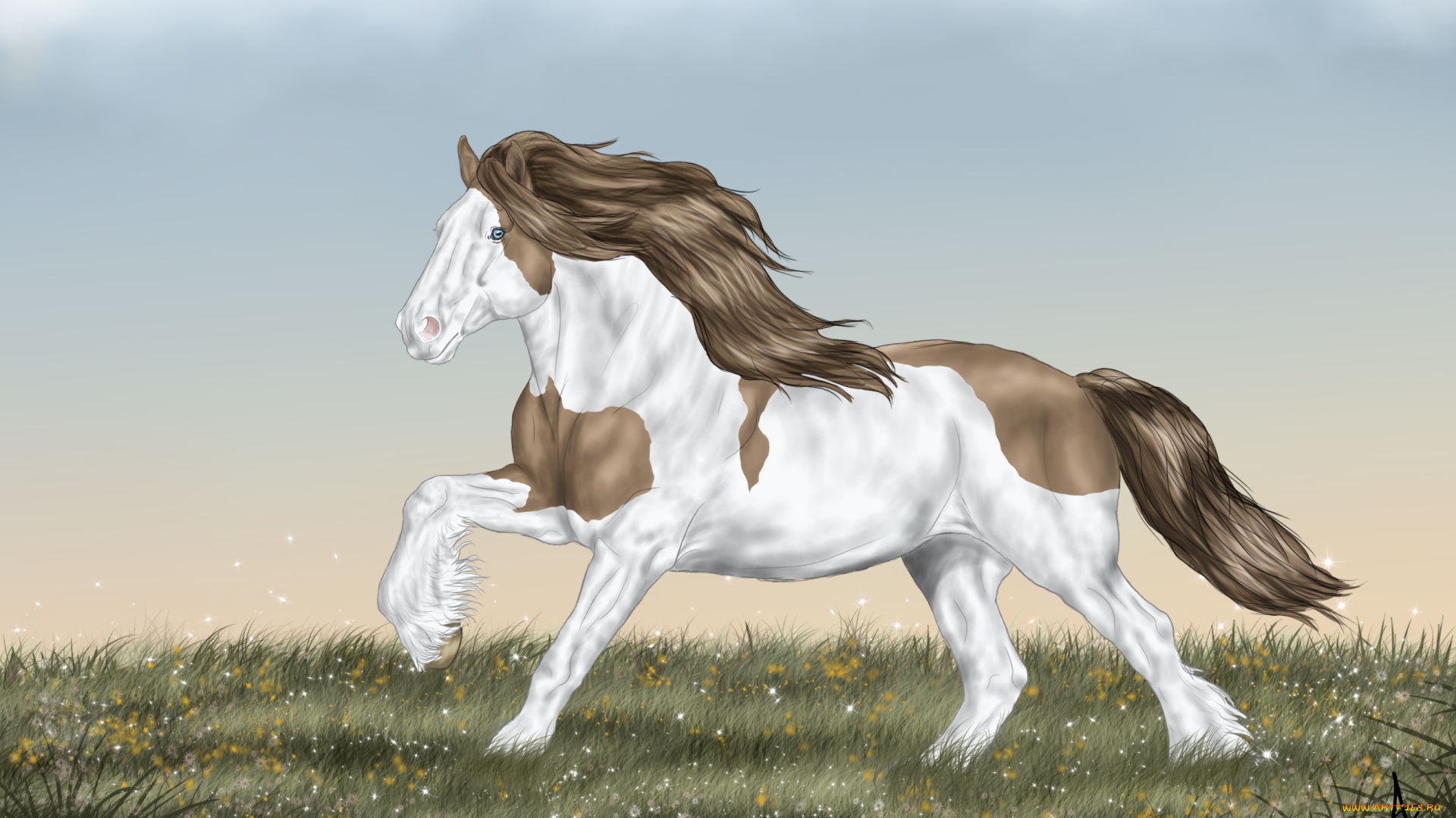 рисованное, животные, , лошади, лошадь, бег