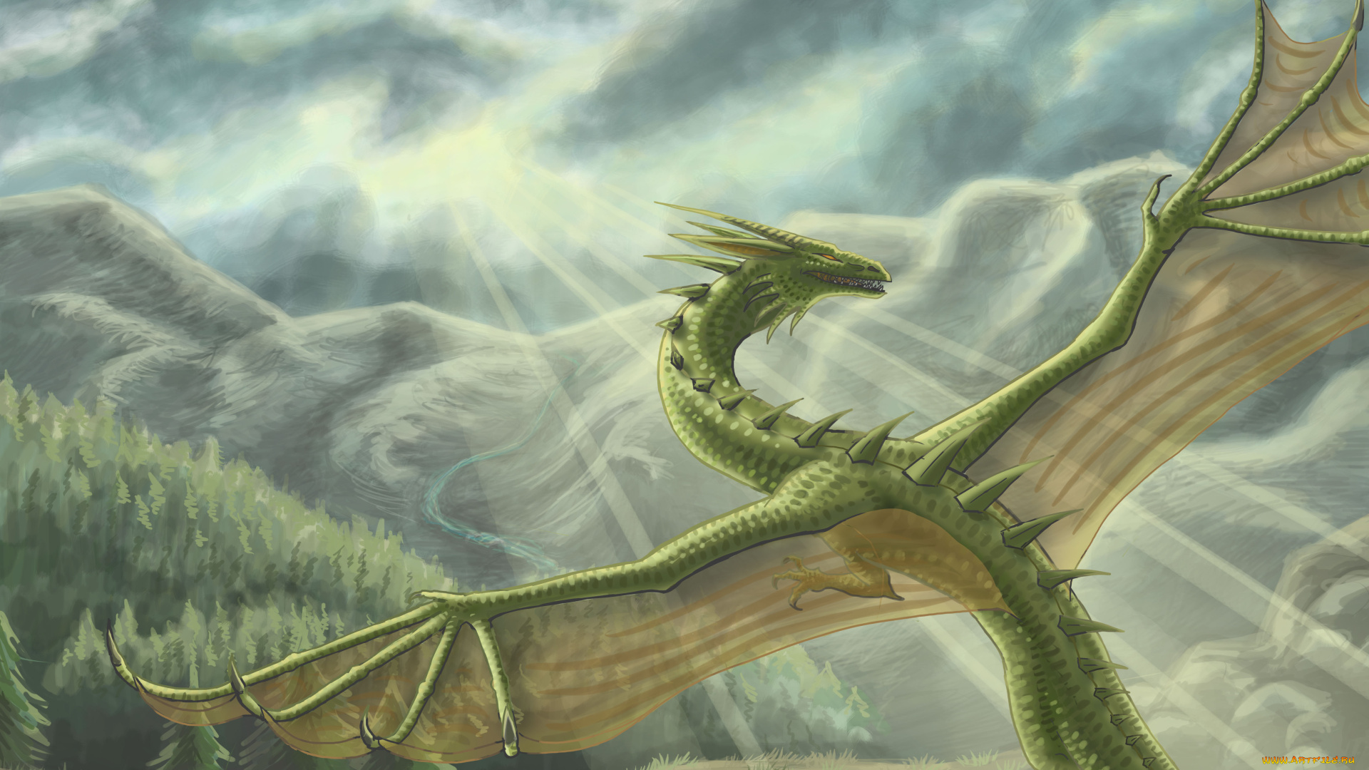 рисованное, животные, , сказочные, , мифические, пейзаж, полет, дракон