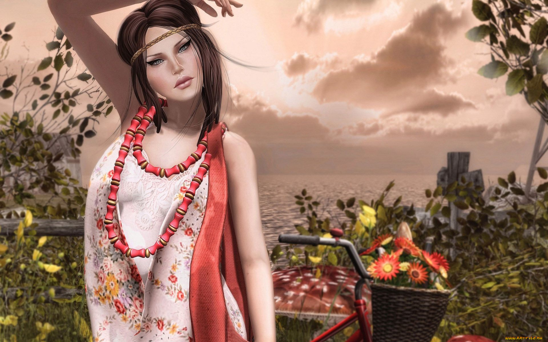 3д, графика, люди, , people, бусы, фон, взгляд, девушка