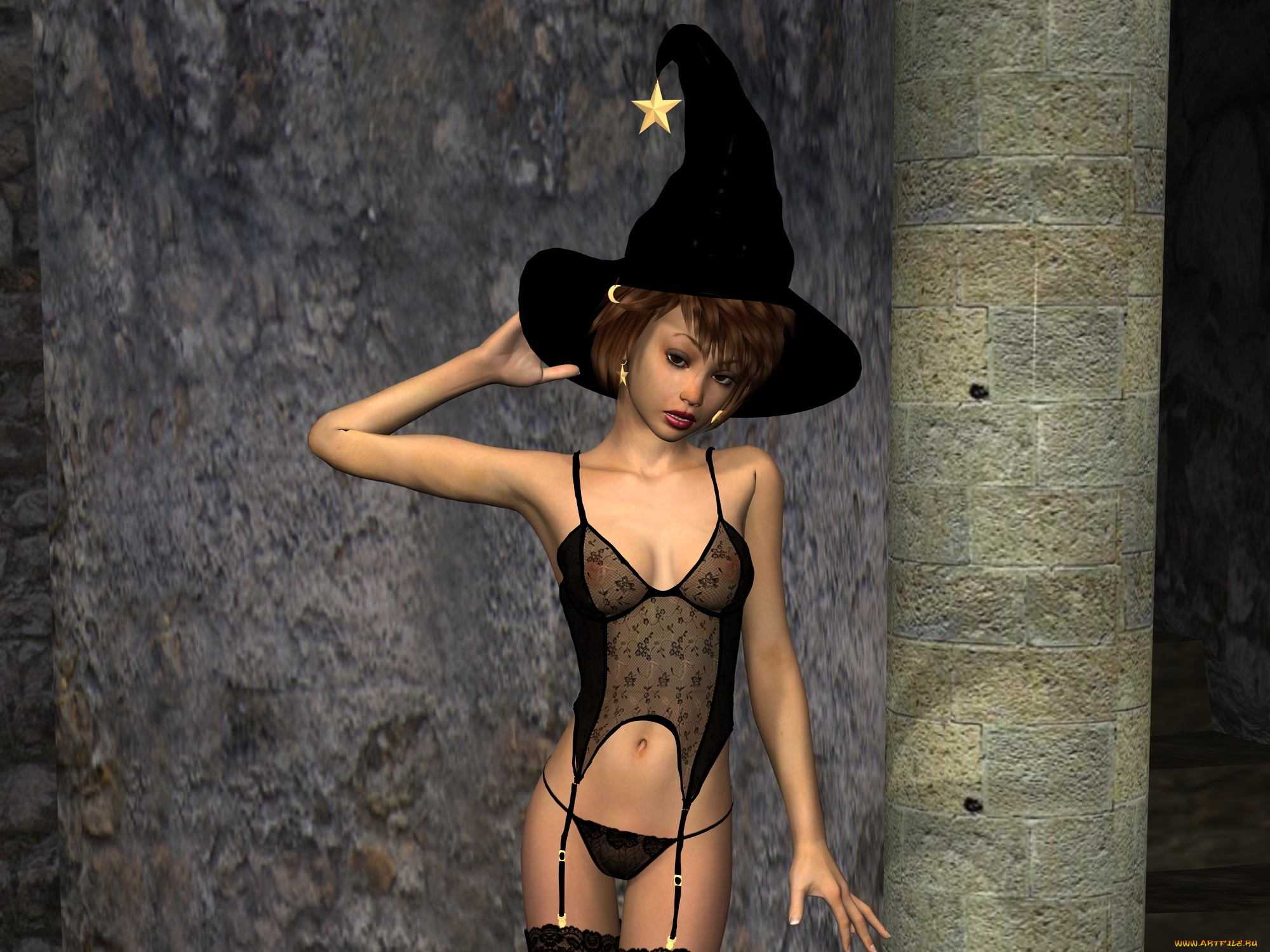 3д, графика, праздники, , holidays, halloween, шляпа, фон, взгляд, девушка