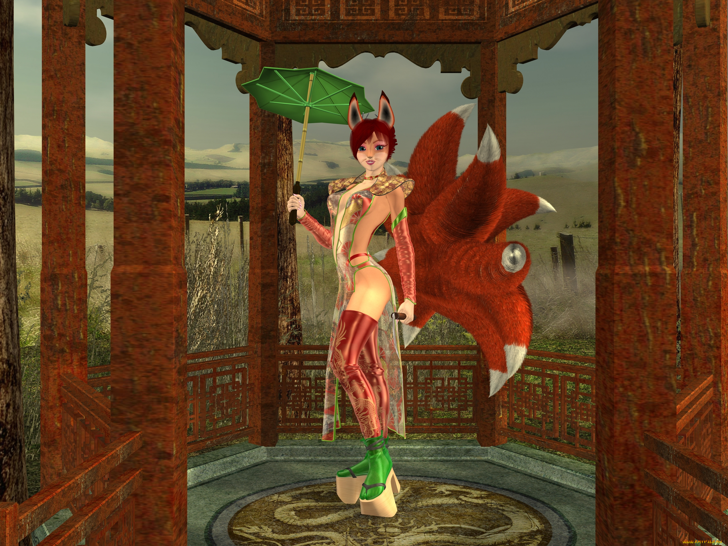 3д, графика, существа, , creatures, зонтик, кошка, фон, взгляд, девушка