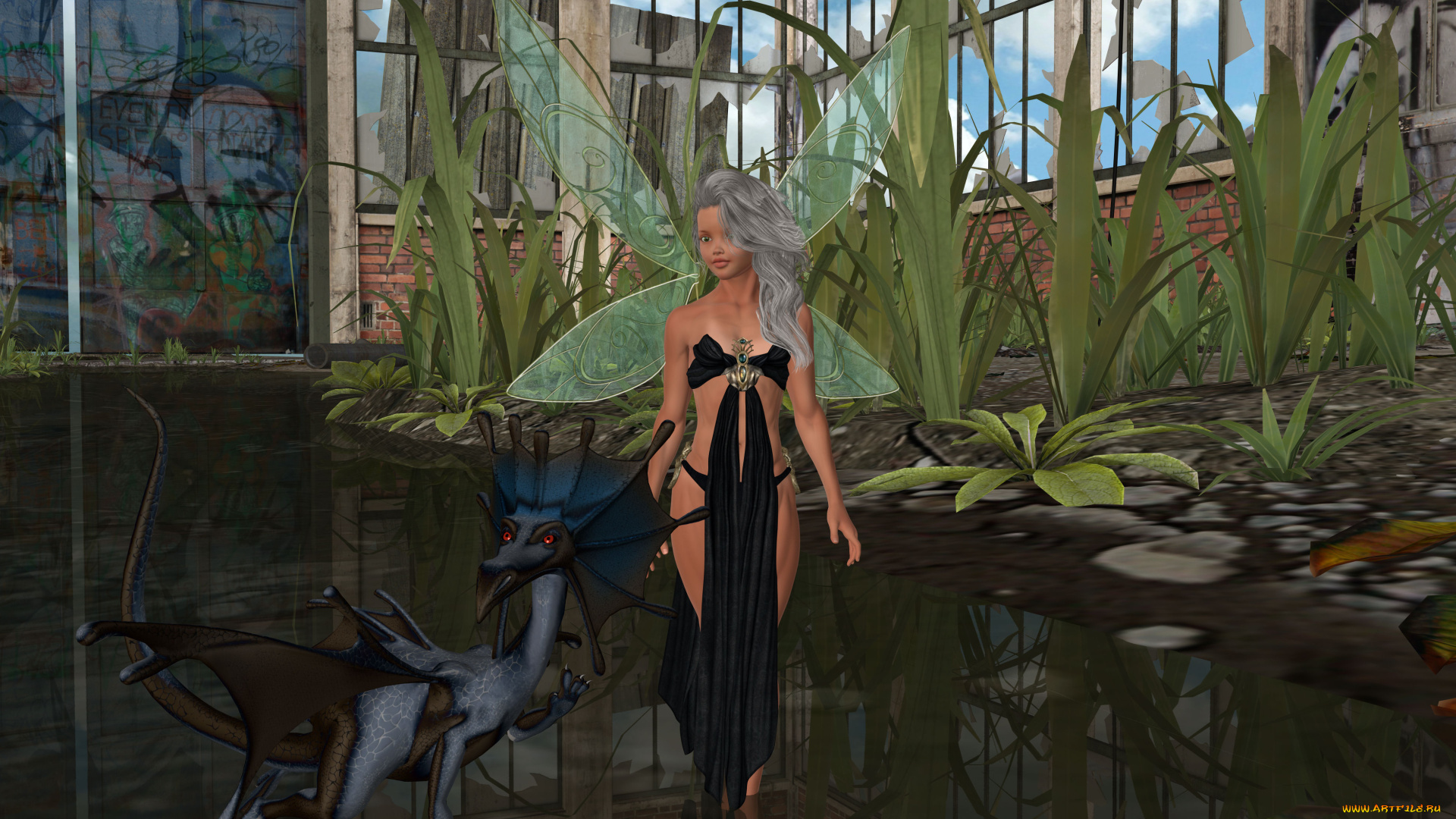 3д, графика, эльфы, , elves, фея, растения, водоем, дракон