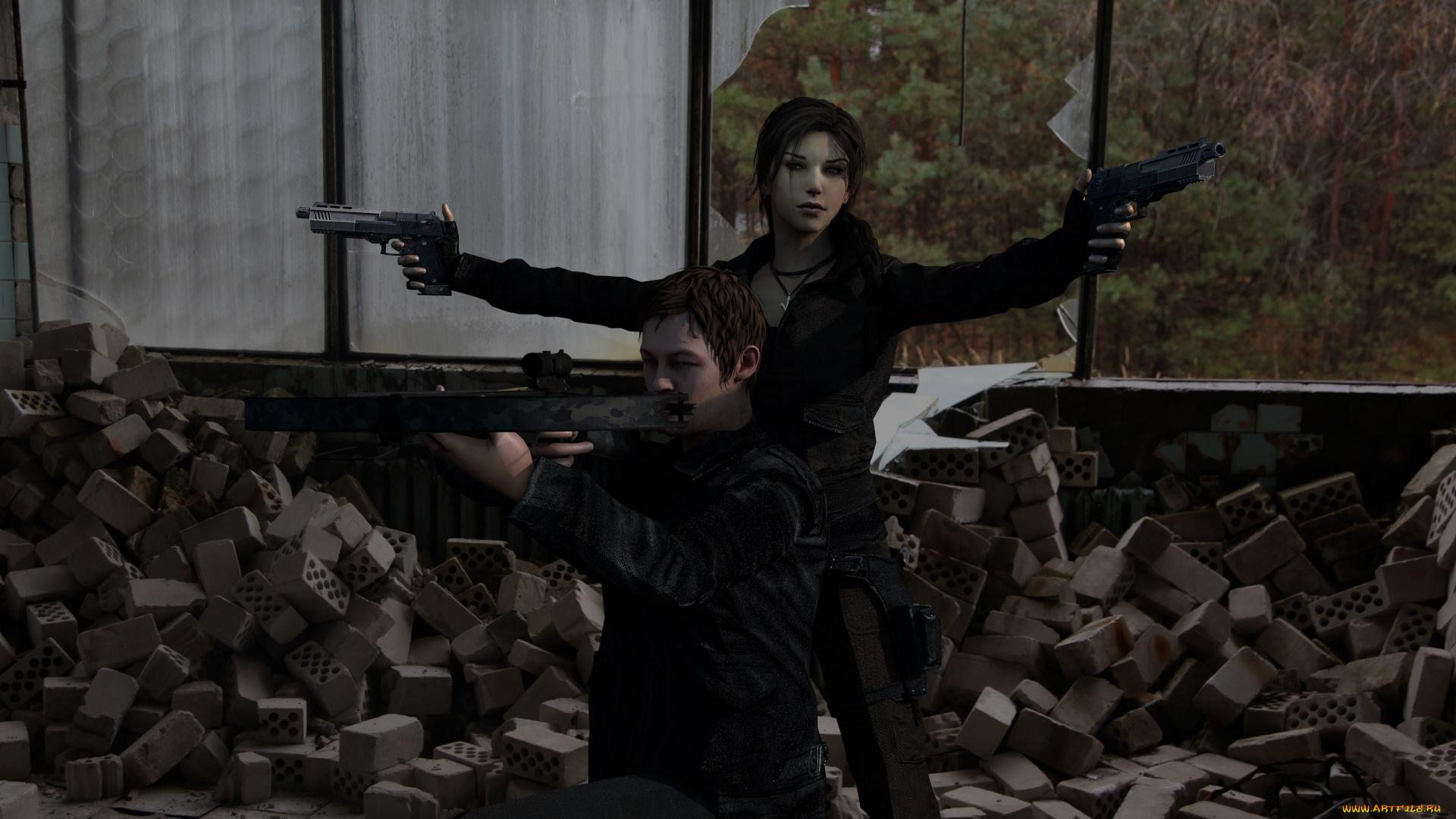 3д, графика, фантазия, , fantasy, девушка, взгляд, фон, оружие, мужчина