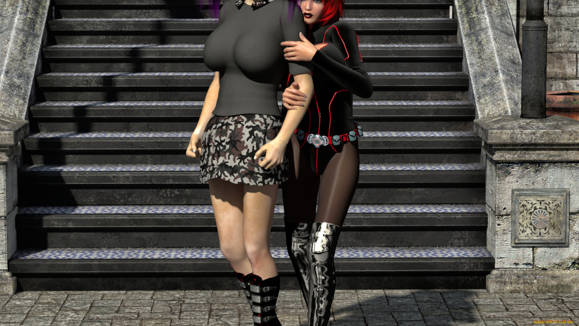 3д, графика, люди, , people, девушки, взгляд, фон, лестница