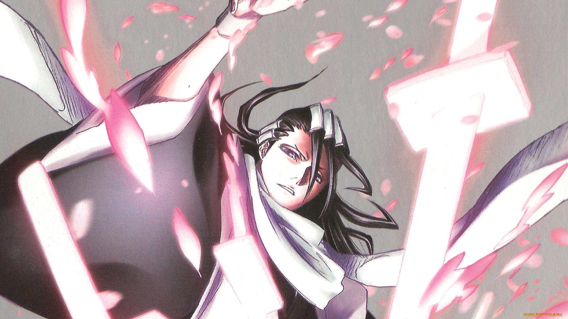 аниме, bleach, kuchiki, byakuya, zanpakuto, captain, синигами, кимоно, катана, лепестки, шарф, сила, блич, art, tite, kubo