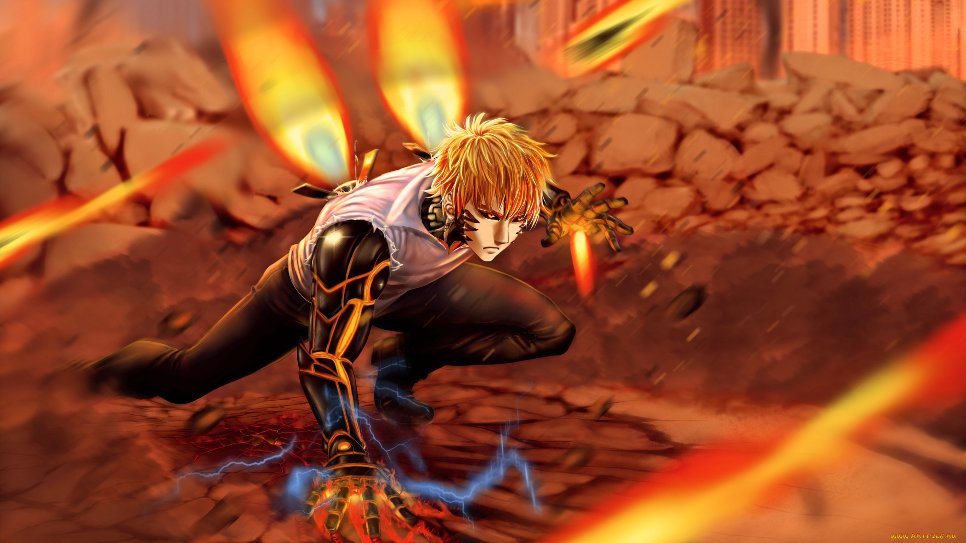 аниме, one, punch, man, genos, cyborg, one, punch, man, onepunch, anime, art, парень, робот, огонь