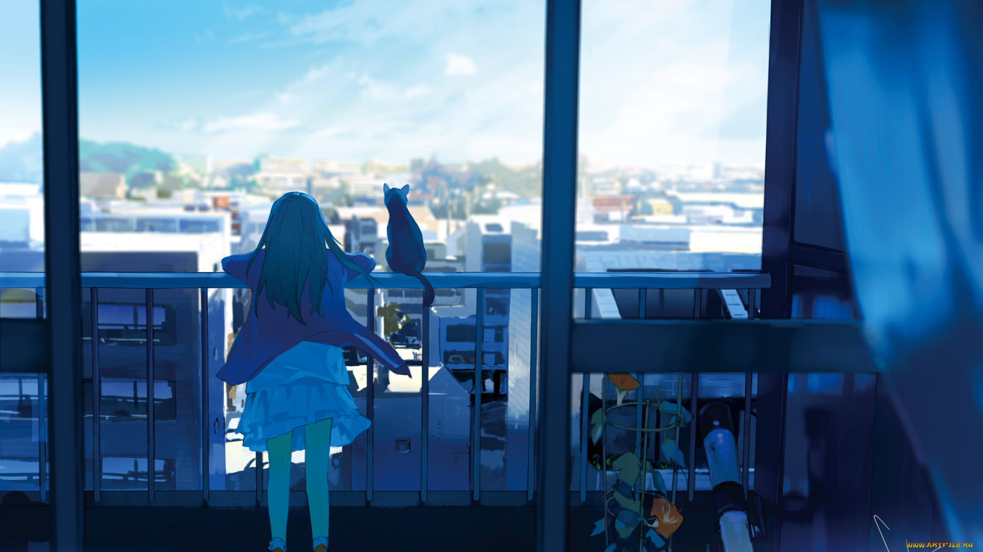 автор, , loundraw, аниме, город, , улицы, , здания, кошка, девочка, балкон, окно, арт