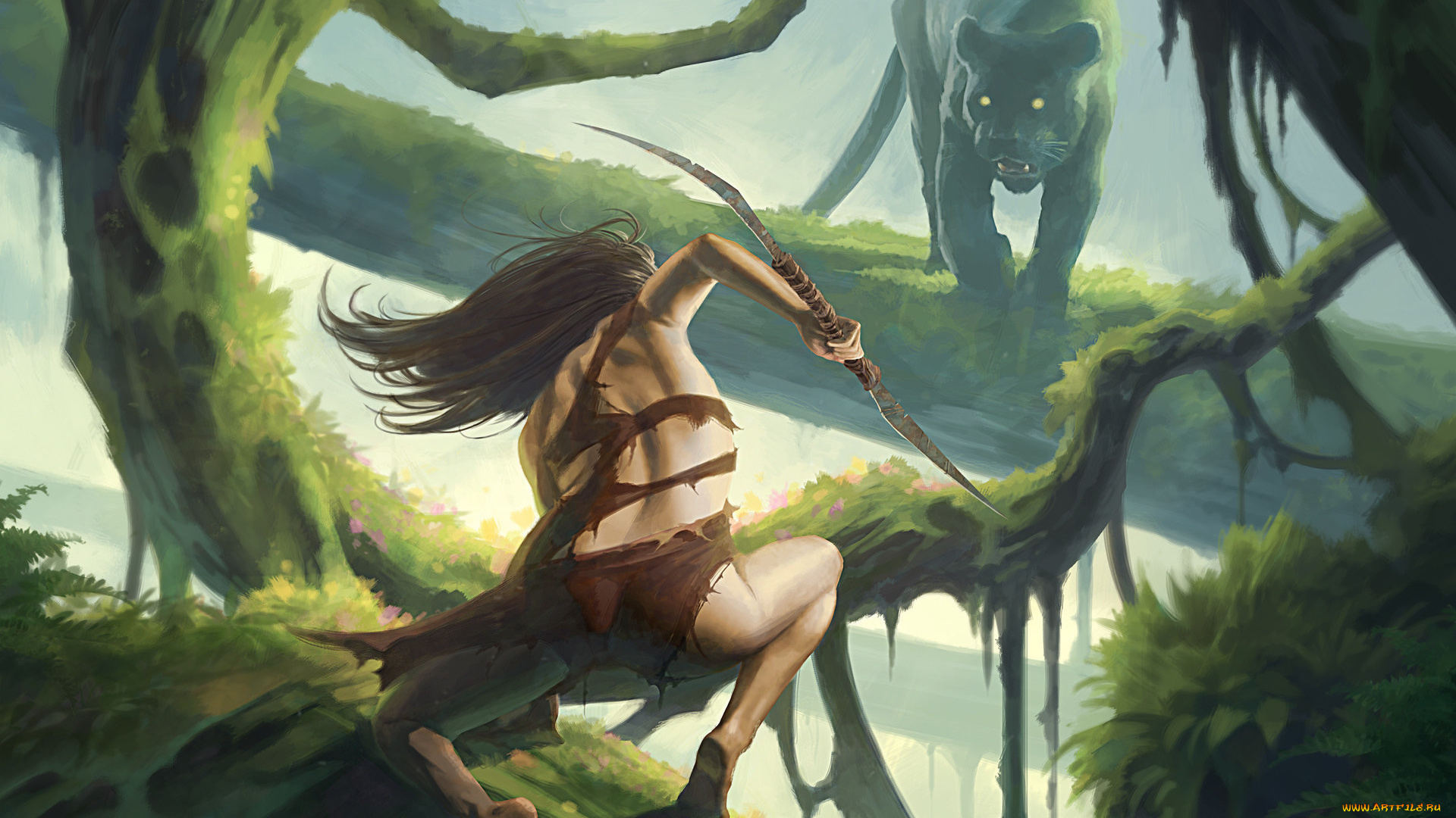 фэнтези, красавицы, и, чудовища, арт, деревья, растения, девушка, охотница, лук, хищник, пантера