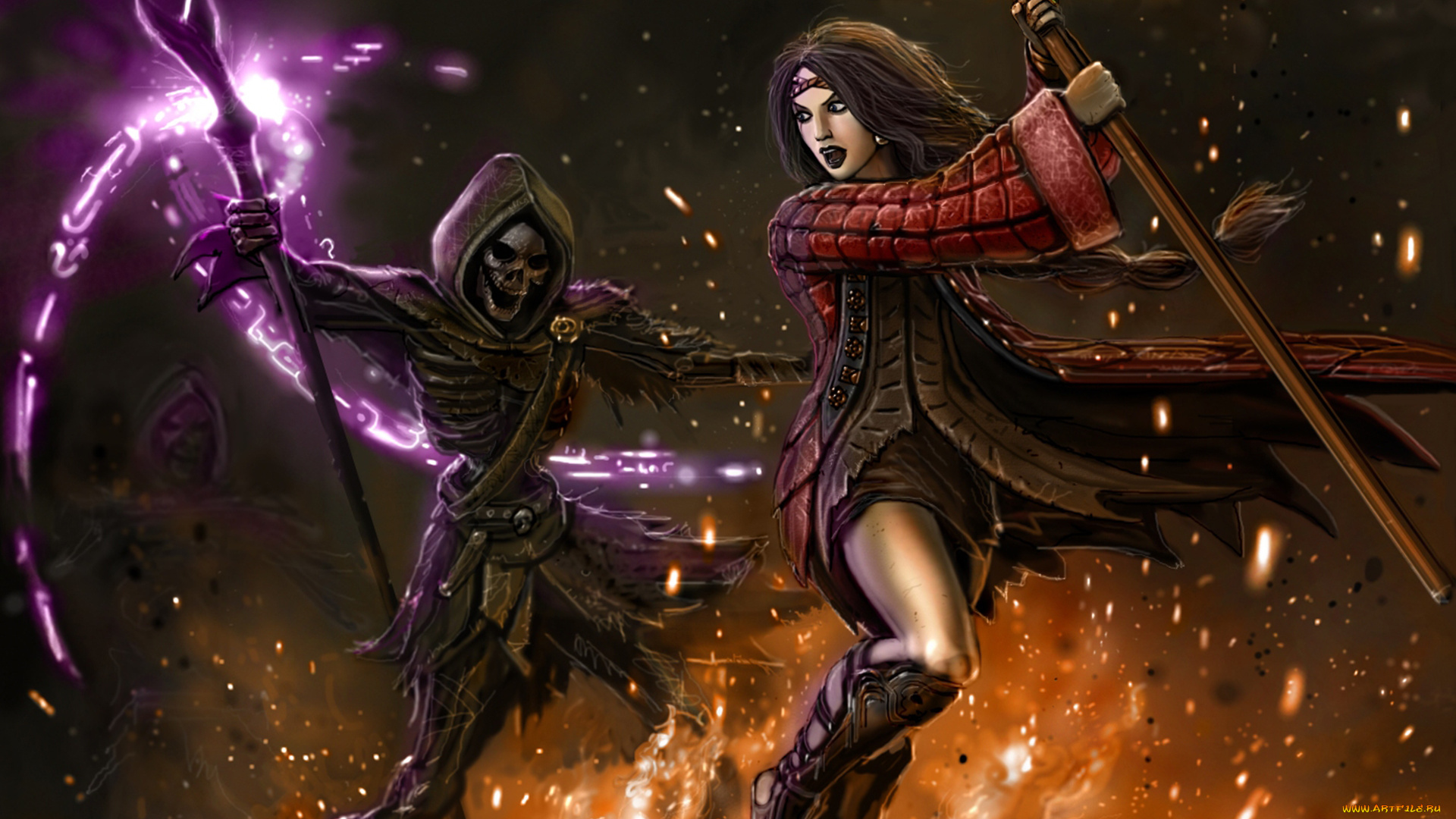 фэнтези, нежить, смерть, маг, магия, скелет, огонь, девушка, фантазия