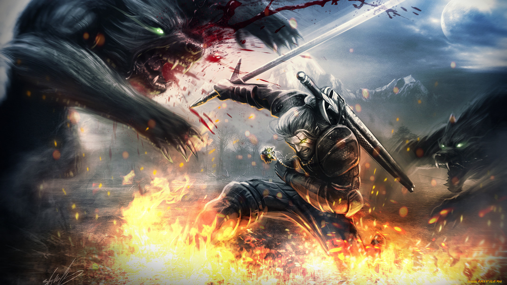 видео, игры, the, witcher, 3, , wild, hunt, witcher, 3, wild, hunt, геральд, ведьмак, волки, нападение