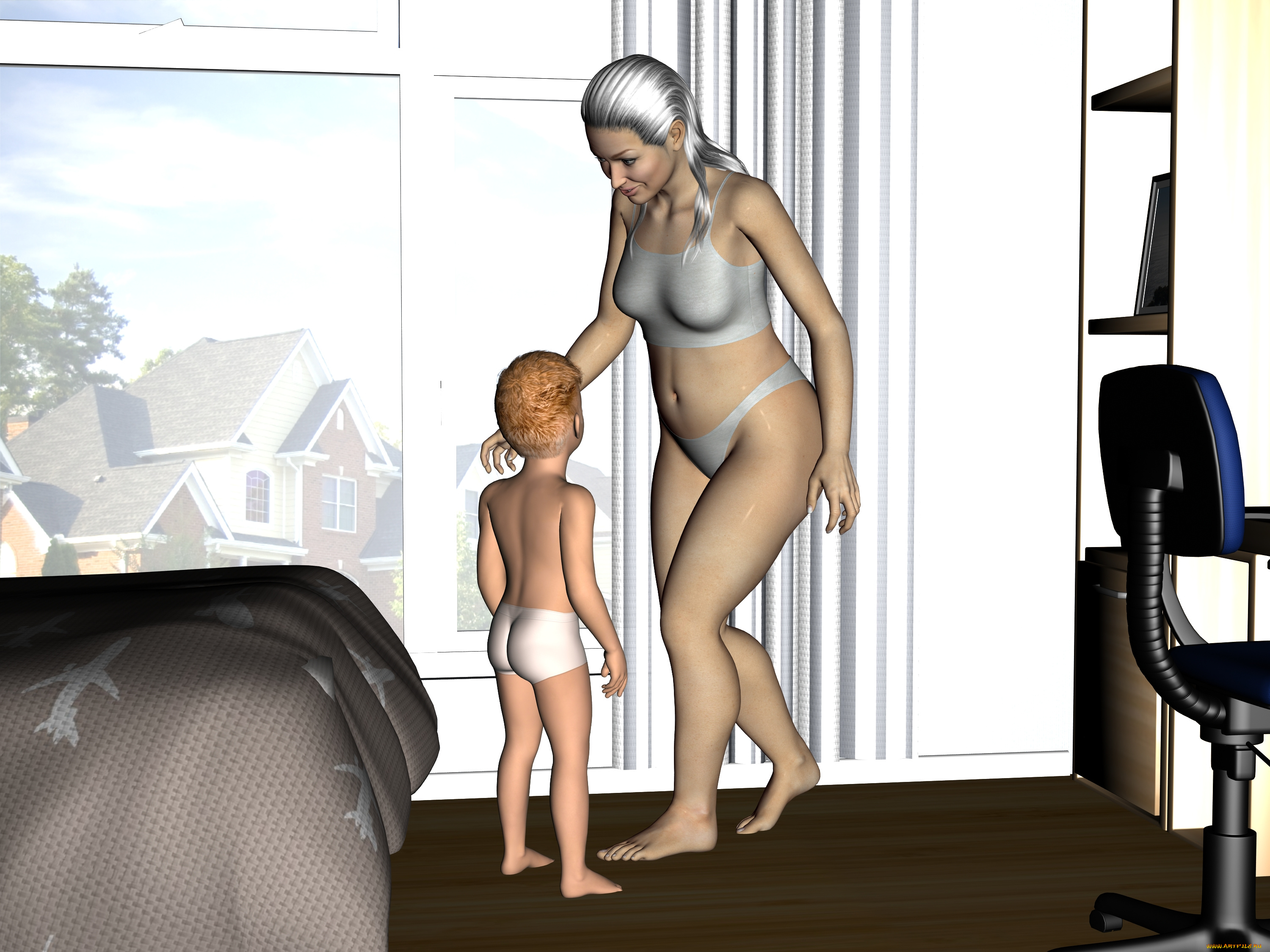 3д, графика, люди, , people, девушка, взгляд, фон, мальчик, мать, сын