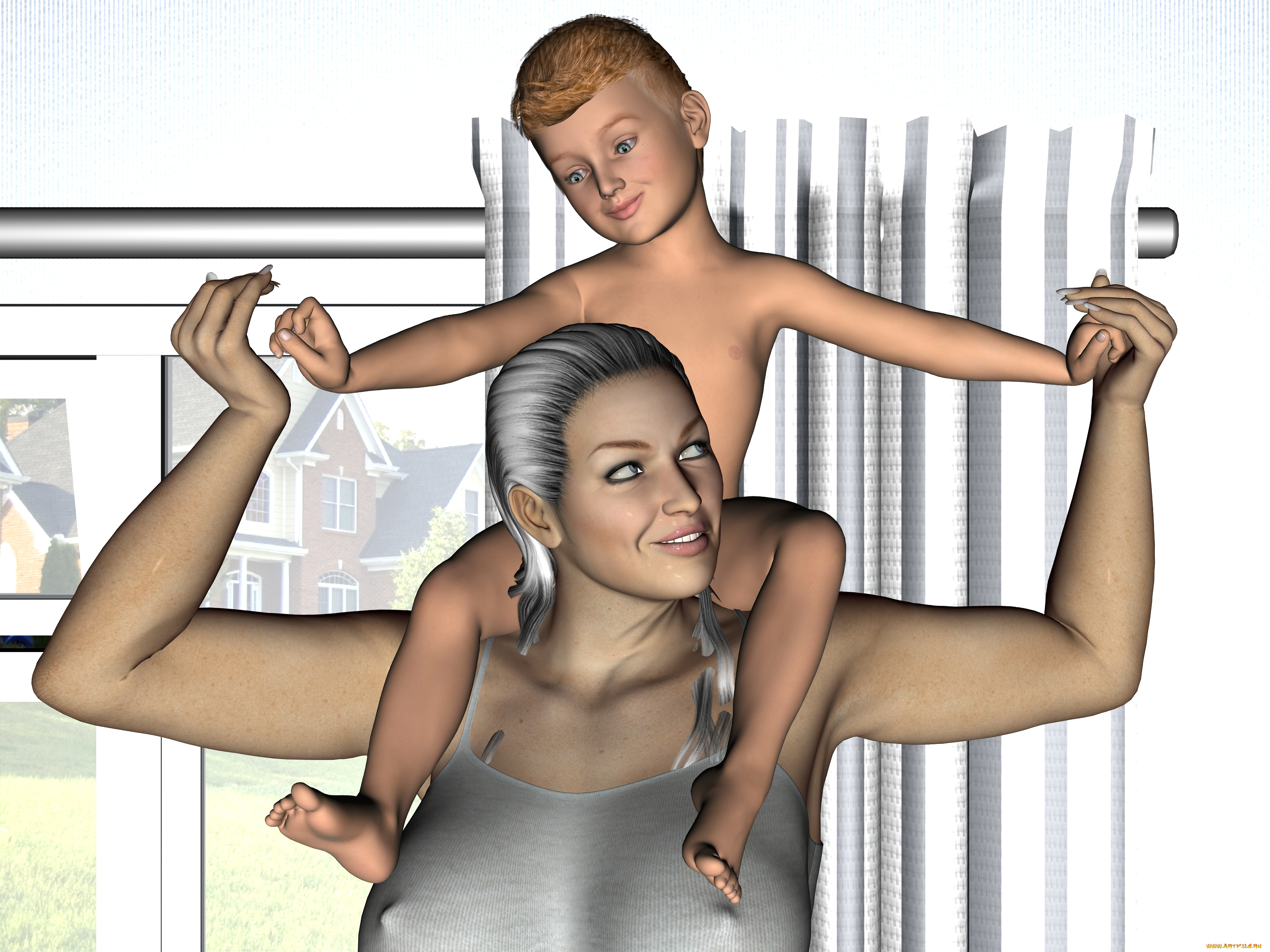 3д, графика, люди, , people, девушка, взгляд, фон, мальчик, мать, сын