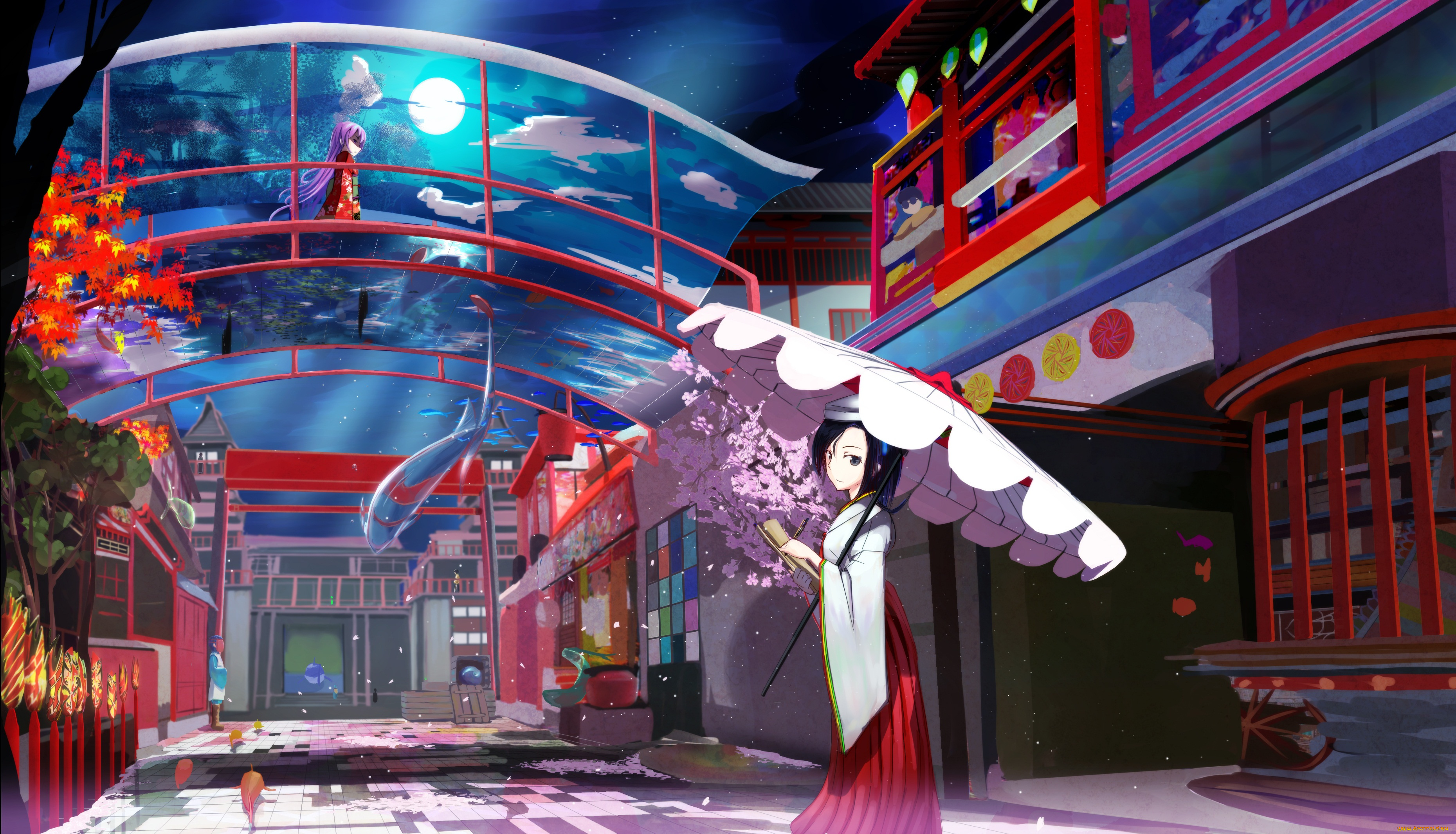 автор, , tagme, , artist, аниме, город, , улицы, , здания, мост, ночь, облака, луна, девочки