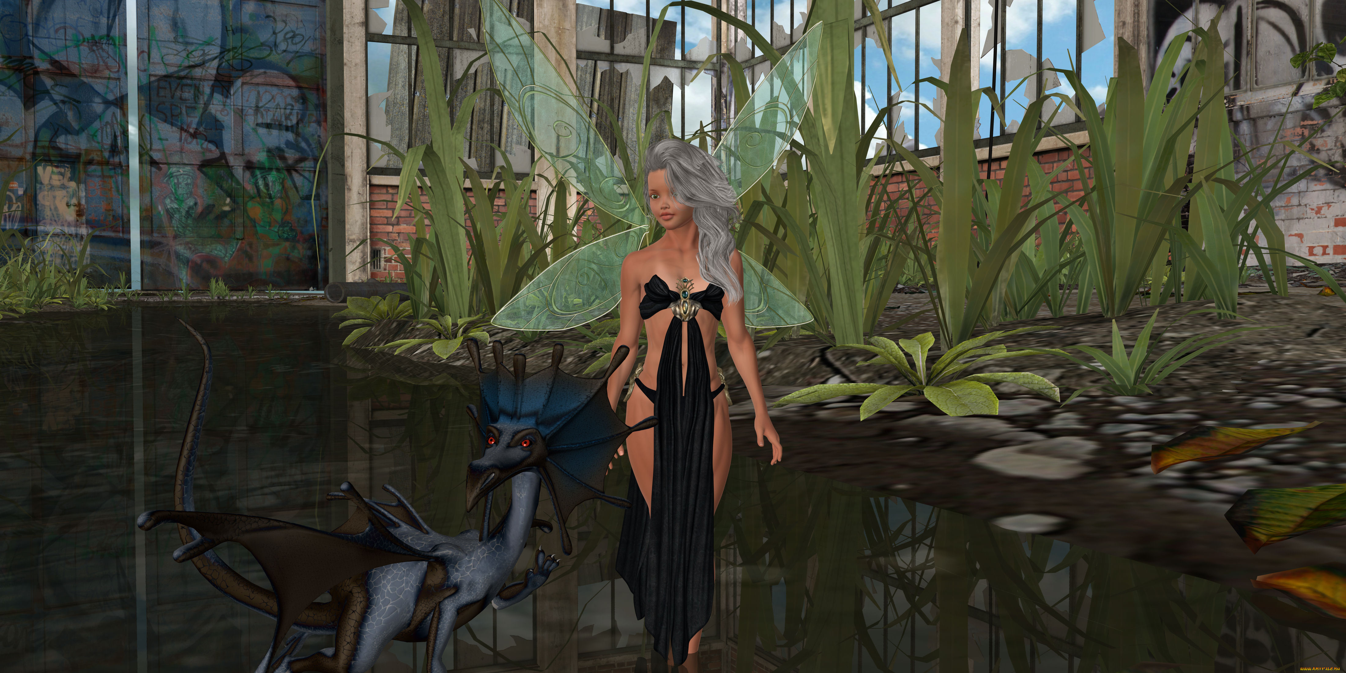 3д, графика, эльфы, , elves, фея, растения, водоем, дракон