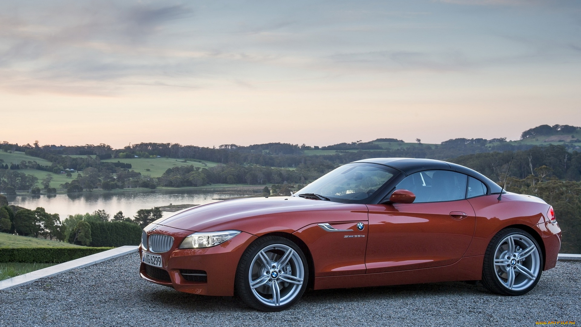 автомобили, bmw, бмв, z4, красный, площадка, озеро, деревья, луга