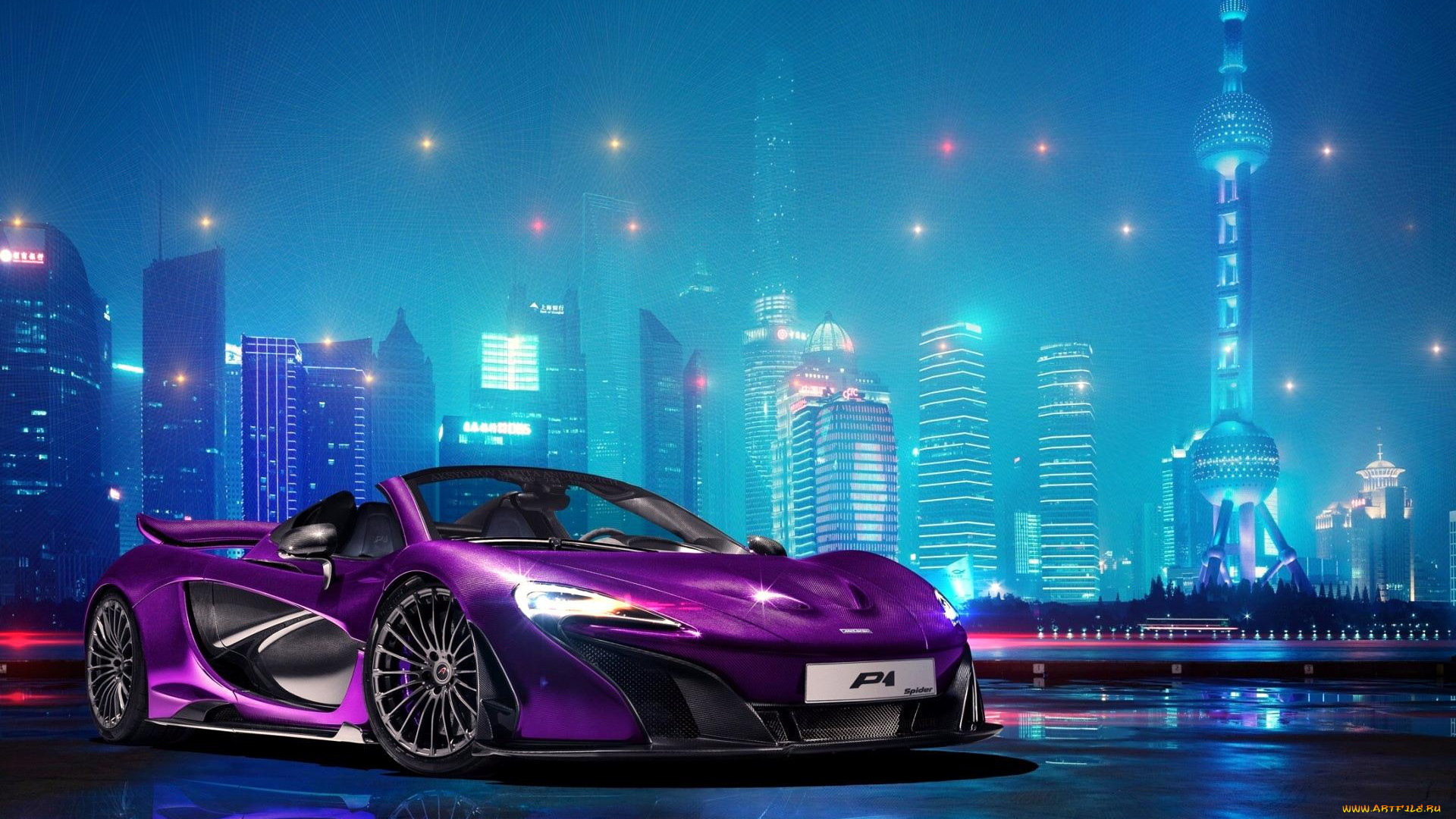 автомобили, mclaren, p1, фиолетовый, макларен, город, огни