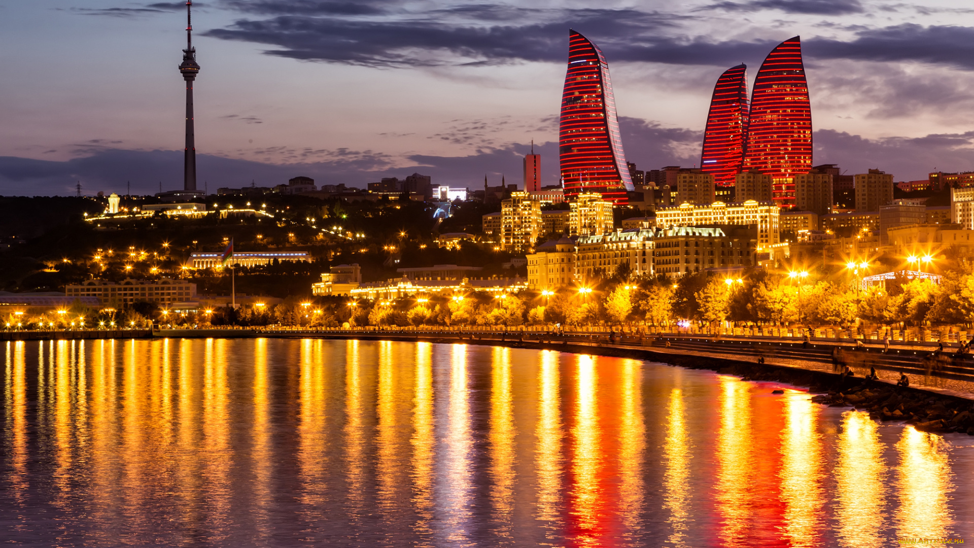 города, баку, , азербайджан, огни, вечернего, баку