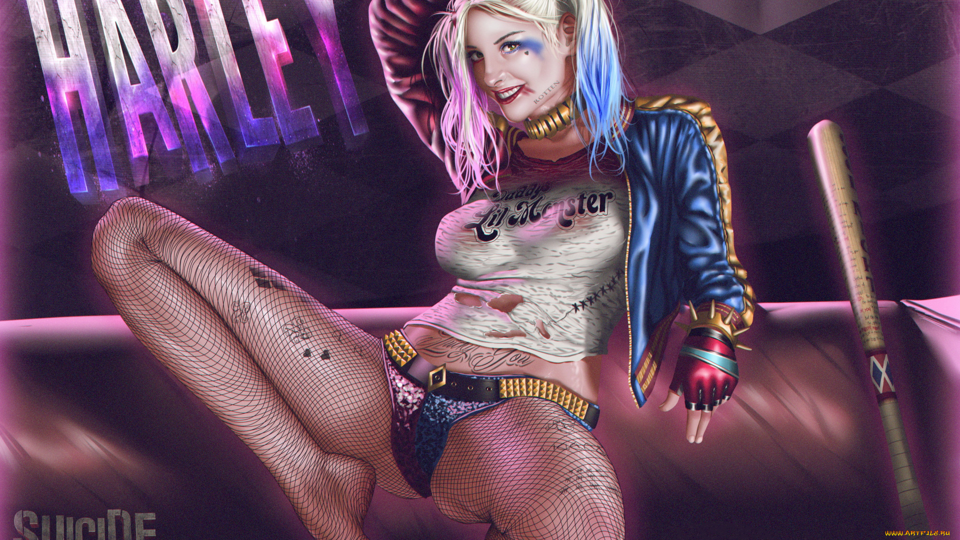 рисованное, комиксы, улыбка, взгляд, фон, тату, бита, девушка