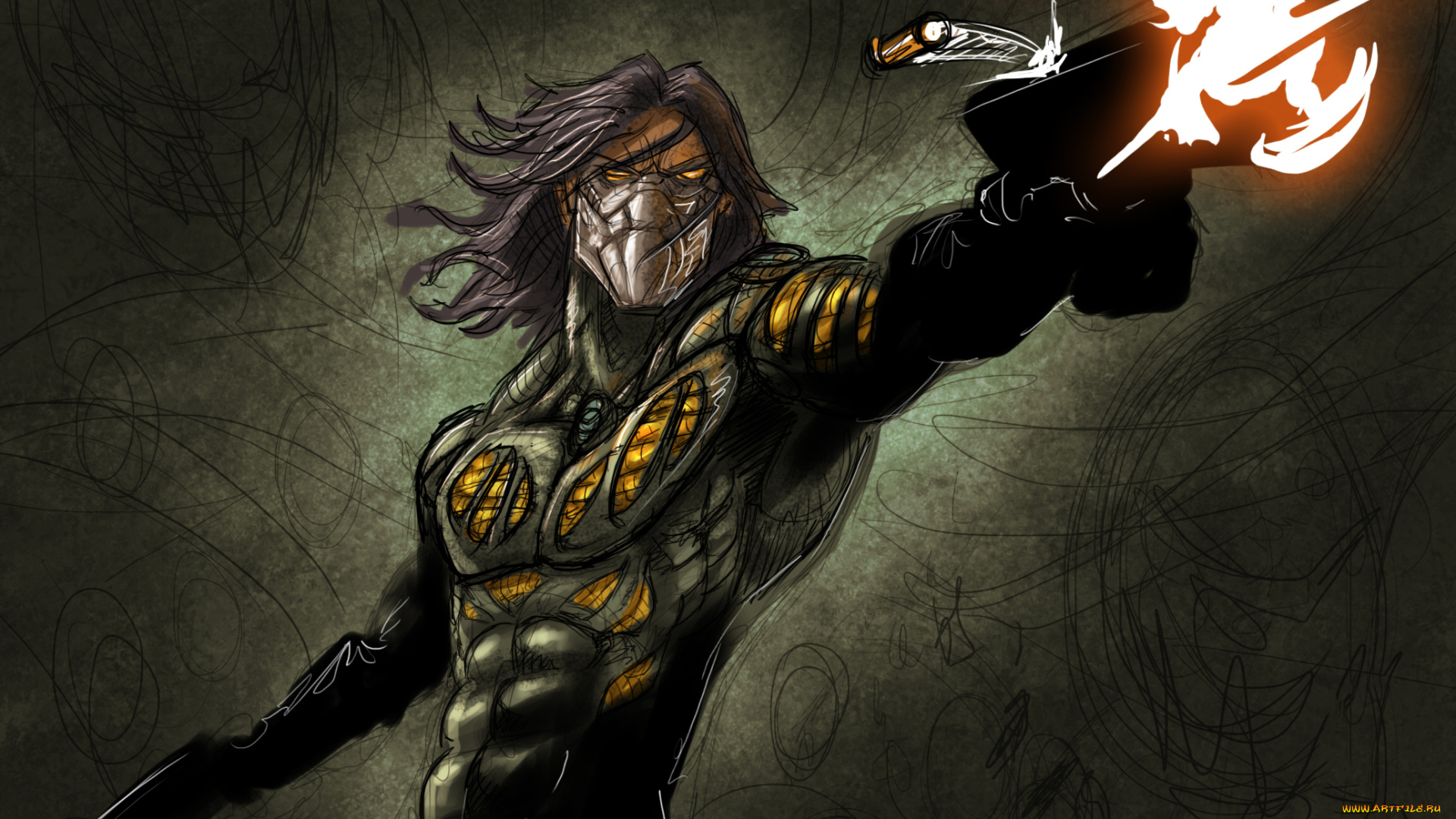 рисованное, комиксы, униформа, фон, мужчина, пистолет