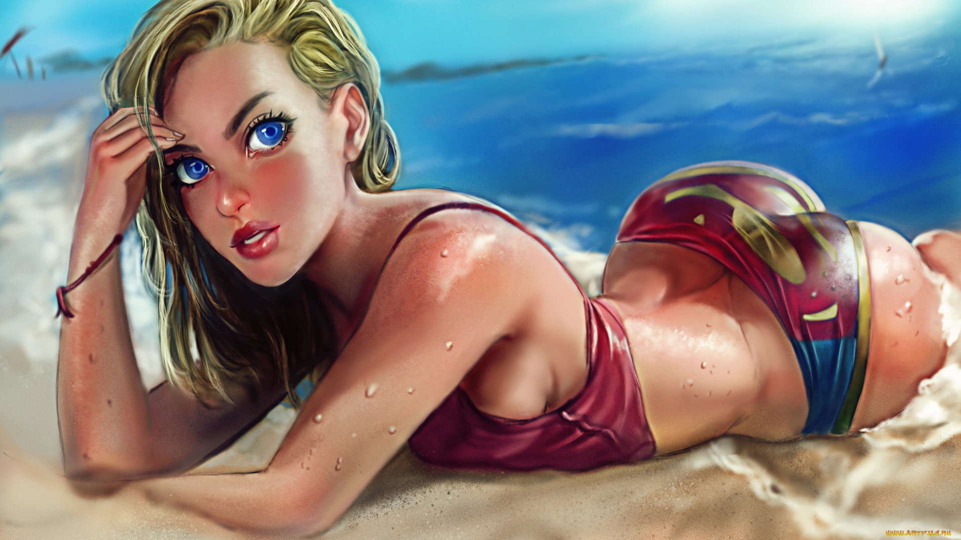 рисованное, люди, фон, девушка, пляж, взгляд