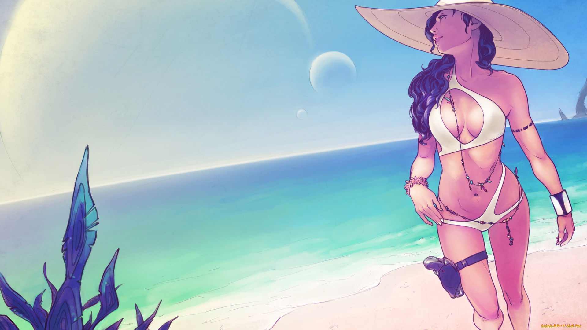 рисованное, люди, купальник, фон, девушка, шляпа, пляж