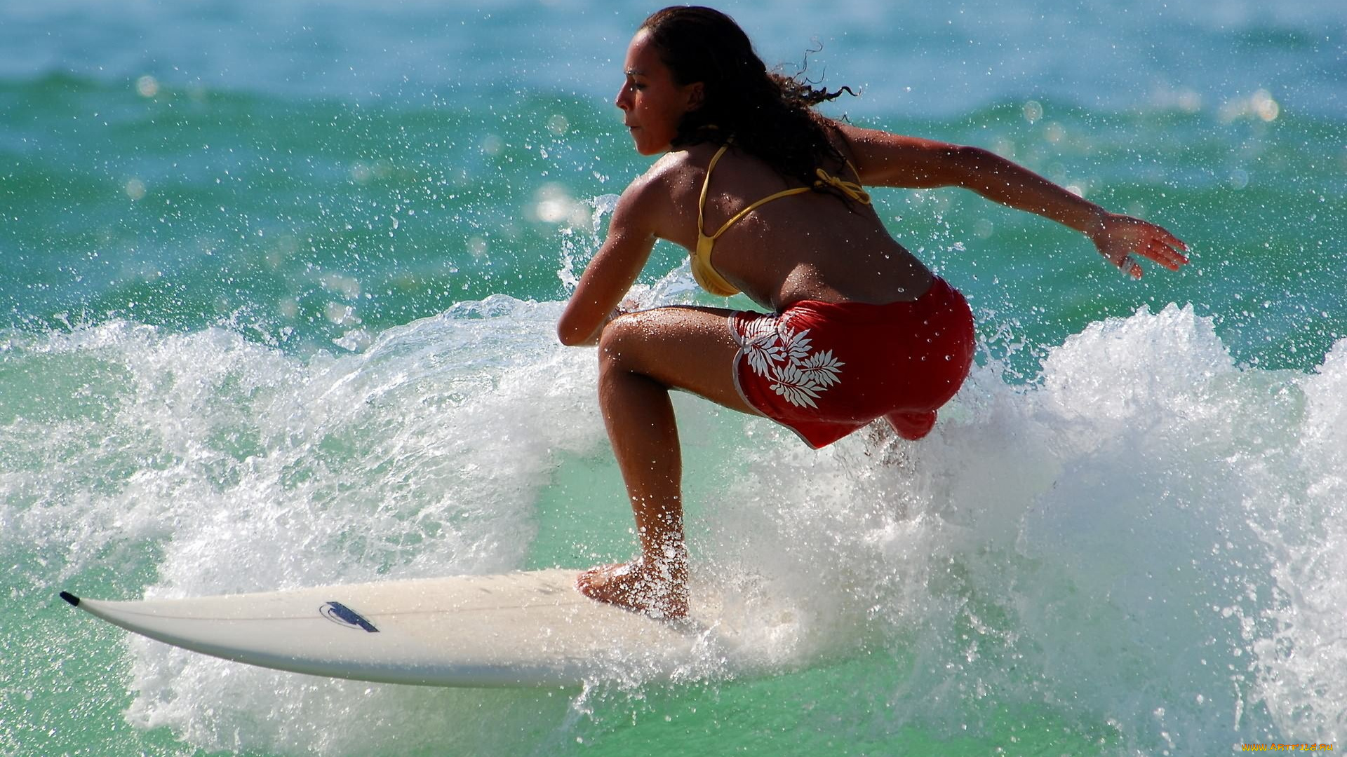спорт, серфинг, девушка, взгляд, фон, доска, волны, брызги