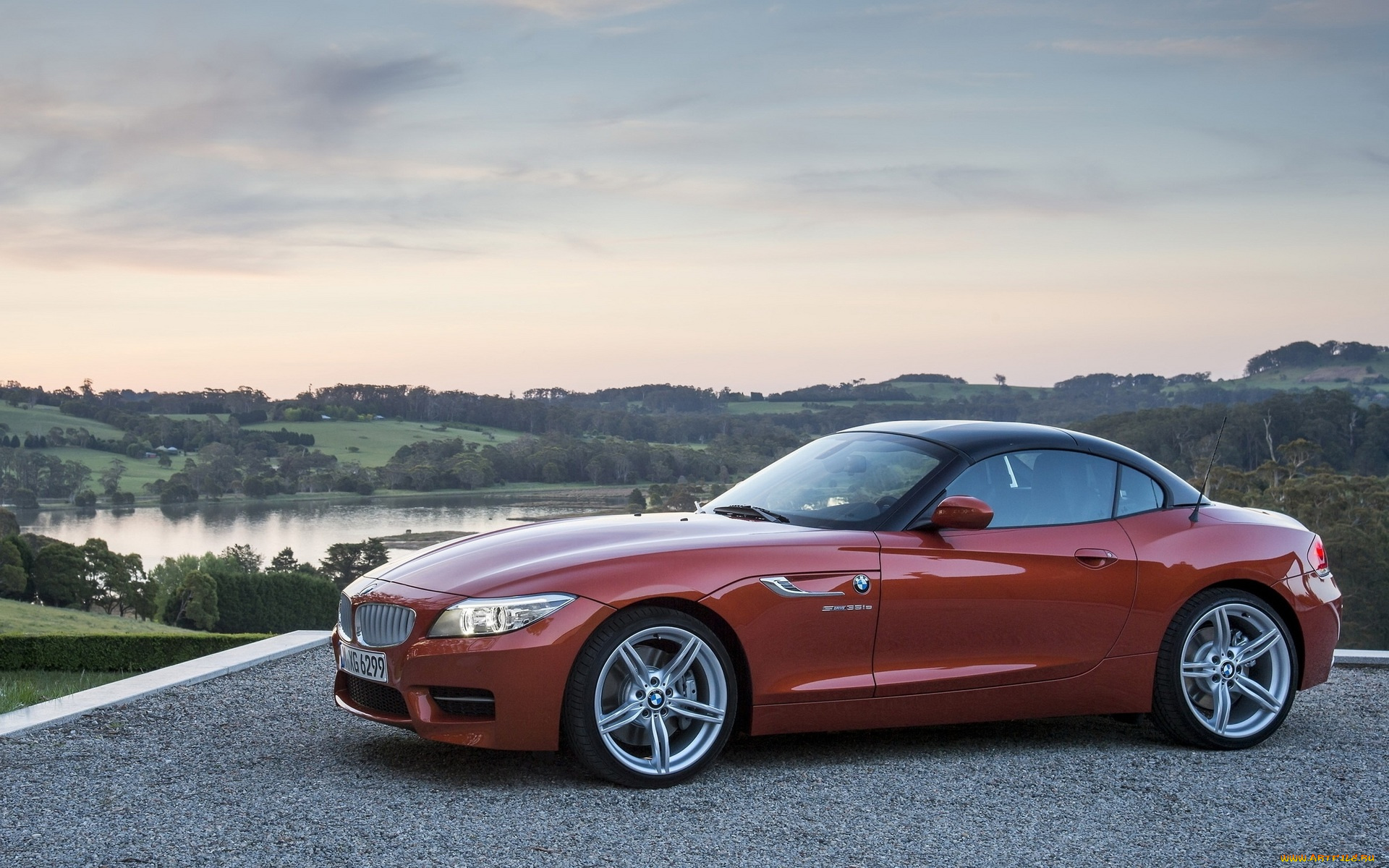 автомобили, bmw, бмв, z4, красный, площадка, озеро, деревья, луга