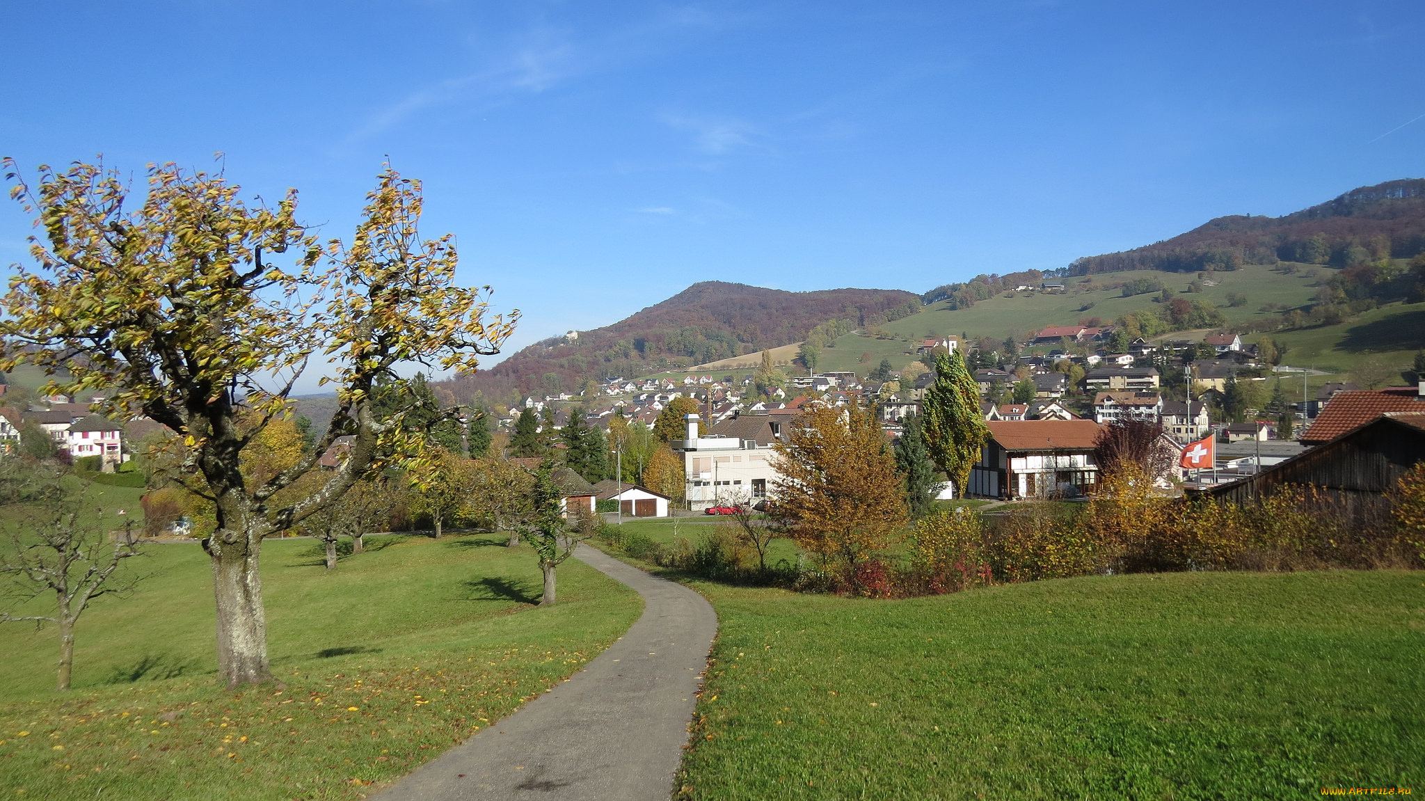 города, -, пейзажи, дорога, холм, дома