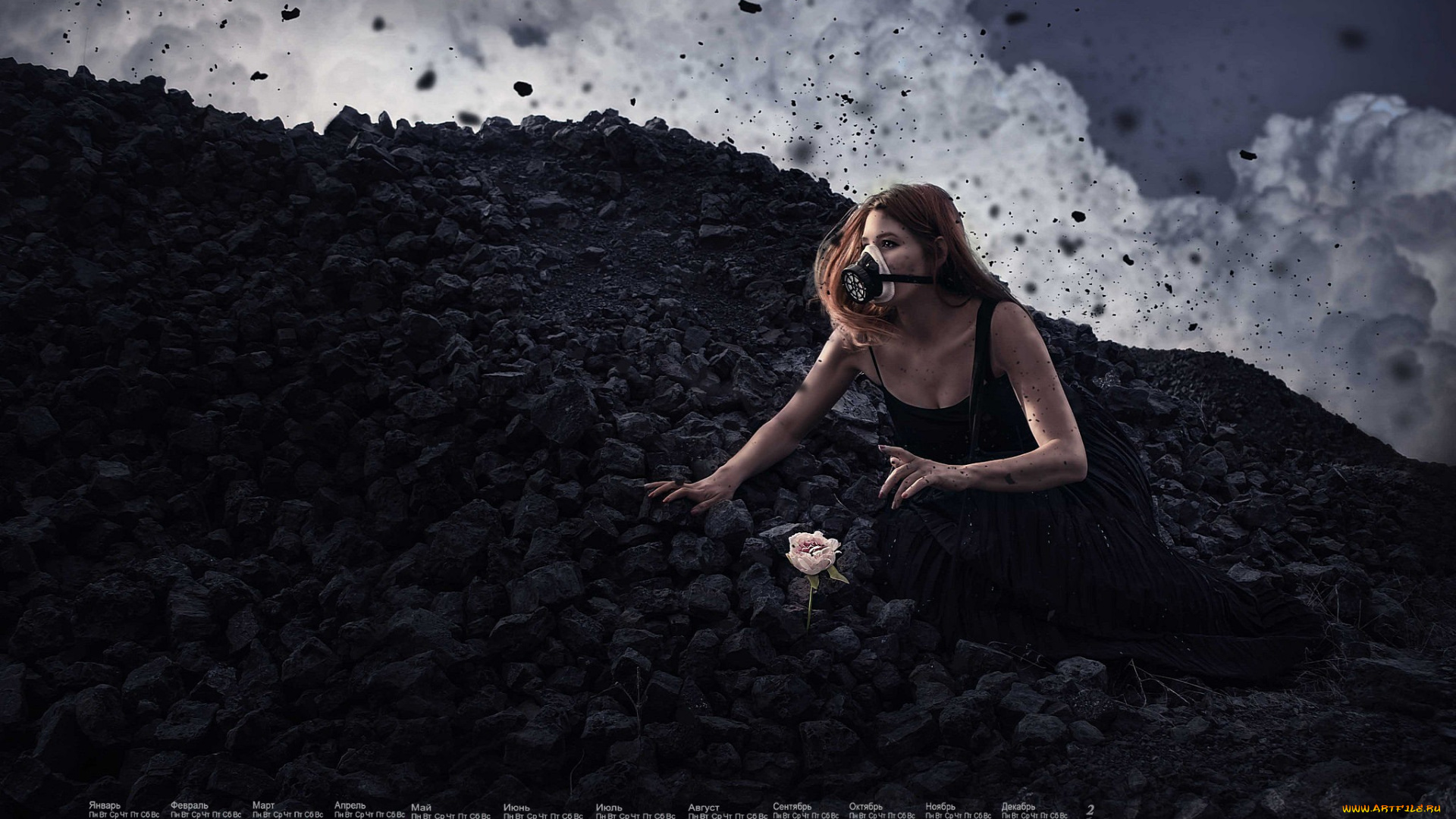 календари, фэнтези, респиратор, 2018, девушка, взгляд, цветок