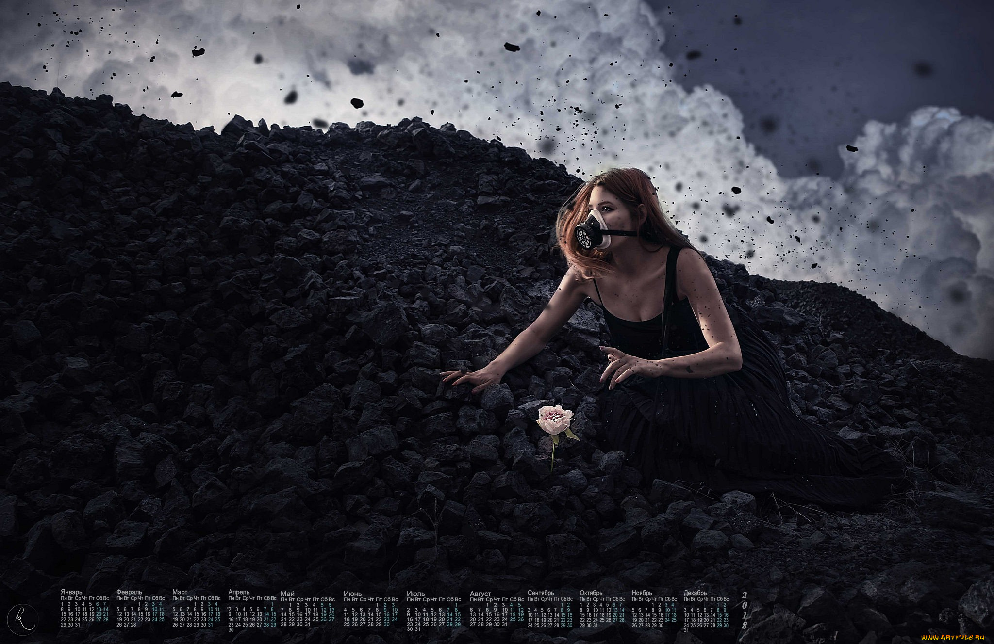календари, фэнтези, респиратор, 2018, девушка, взгляд, цветок