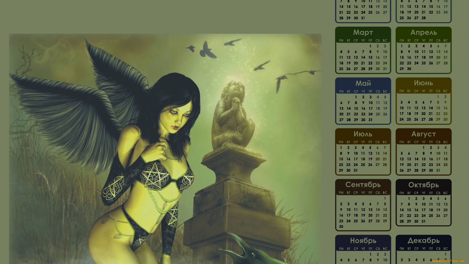 календари, фэнтези, птица, статуя, девушка, крылья