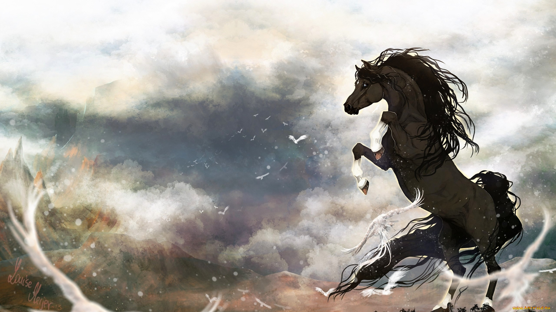 рисованное, животные, , лошади, конь, ветер, птицы, тучи