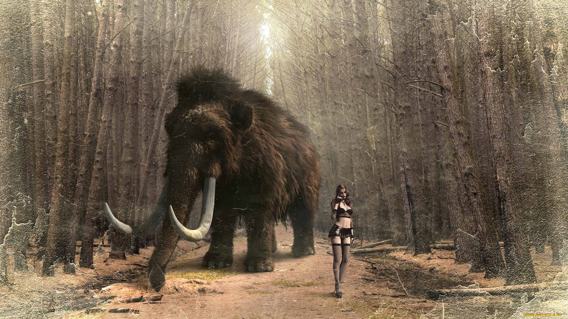 3д, графика, люди, и, животные, , people, and, animals, девушка, лес, мамонт, животное, бивни, слон, хобот, шерсть