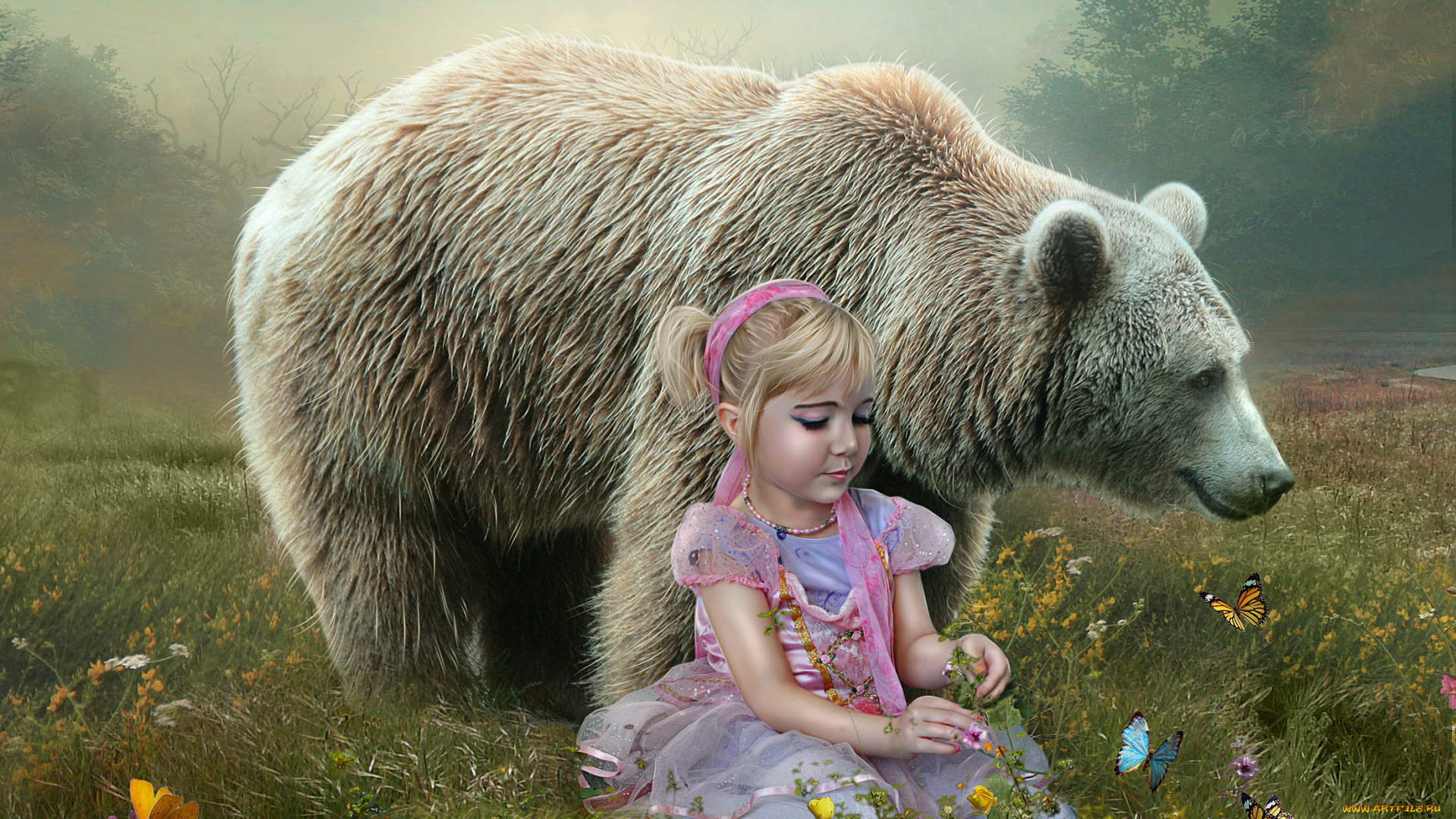 фэнтези, фотоарт, животное, сказка, ребёнок, девочка, хищник, медведь, маша