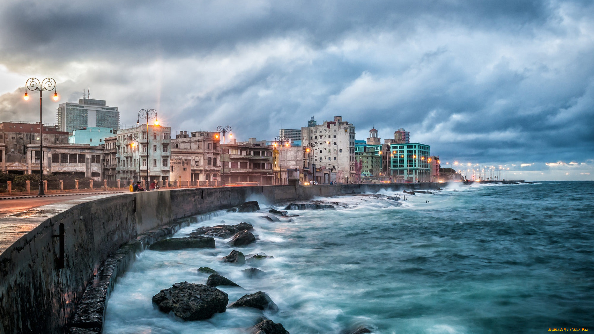 города, гавана, , куба, avenida, de, maaceo, волны, cityscape, малекон, гавана, вечер
