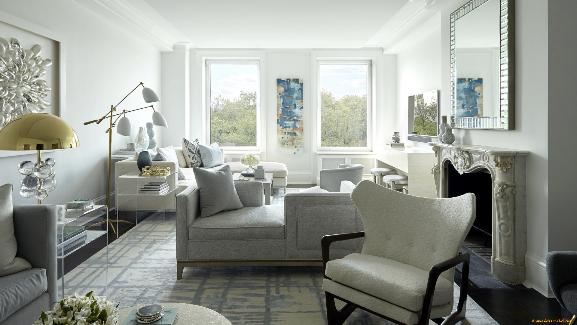 интерьер, гостиная, камин, зеркало, диван