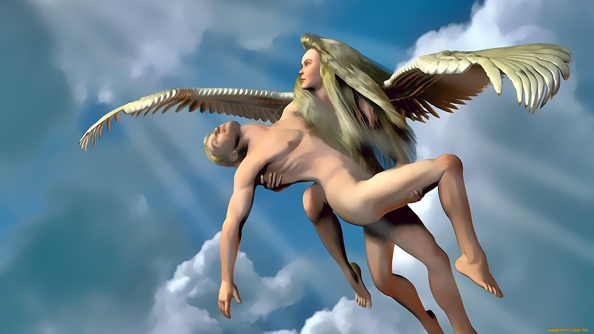календари, 3д-графика, ангел, крылья, мужчина, полет, облака, небо, calendar, 2020