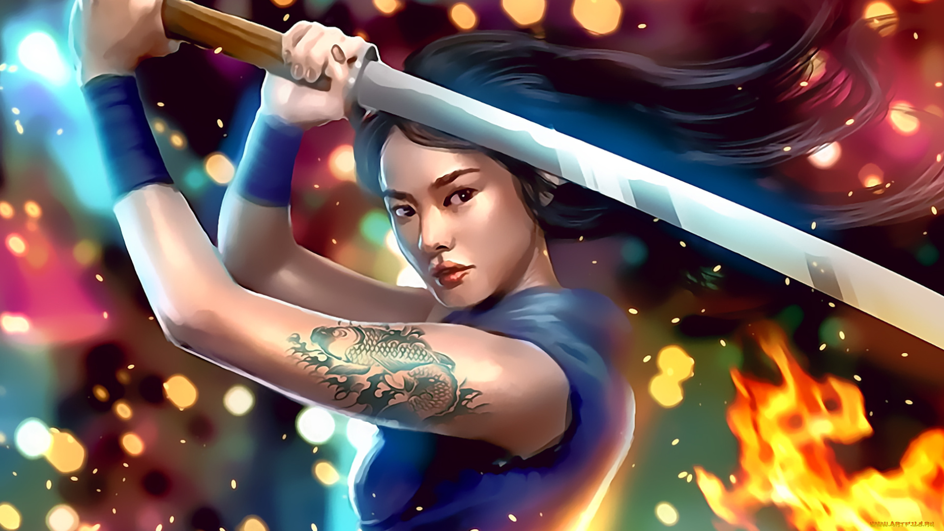 календари, фэнтези, оружие, тату, боке, пламя, девушка, calendar, 2020