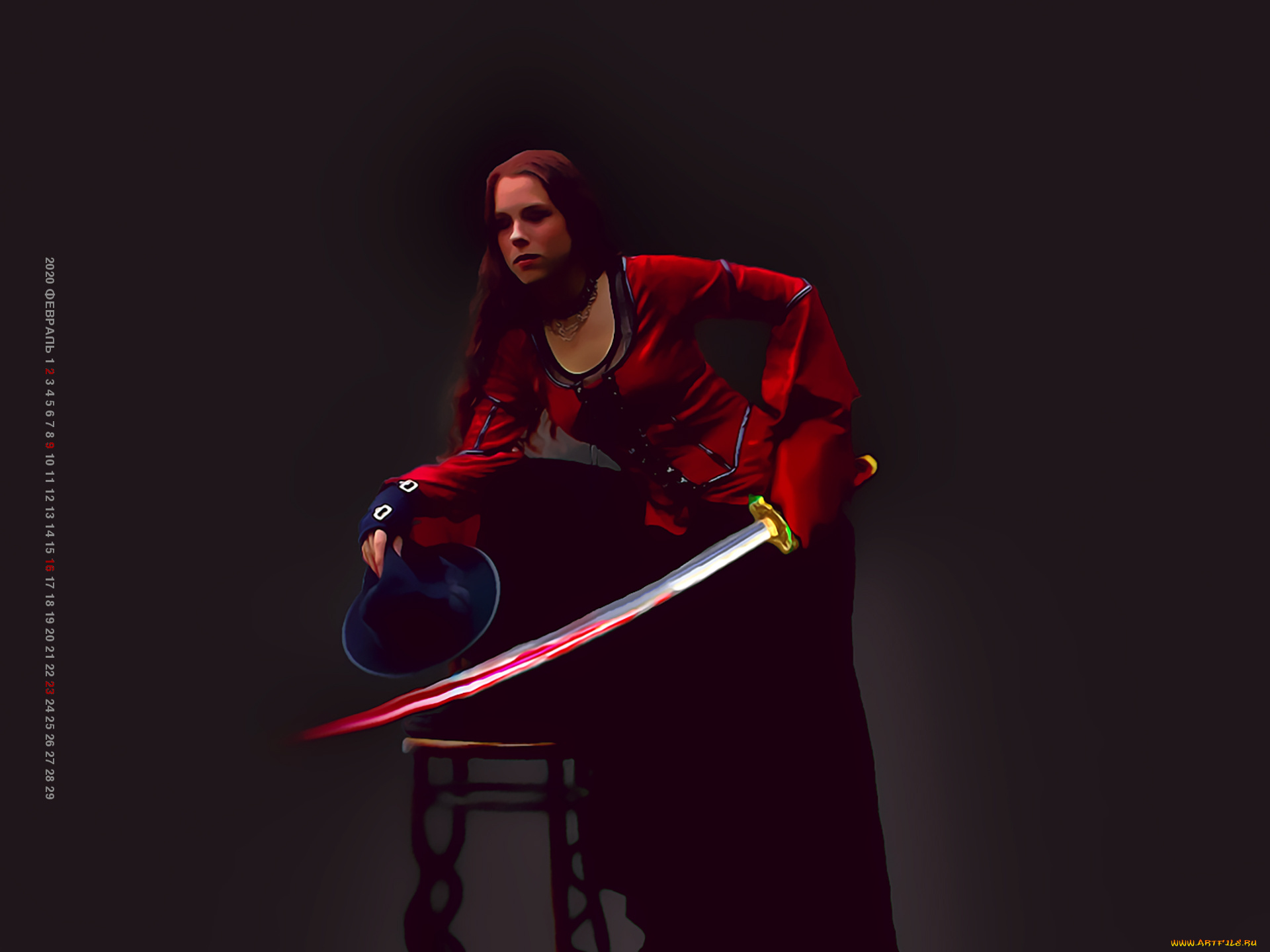 календари, фэнтези, девушка, шляпа, оружие, кровь, портрет, calendar, 2020