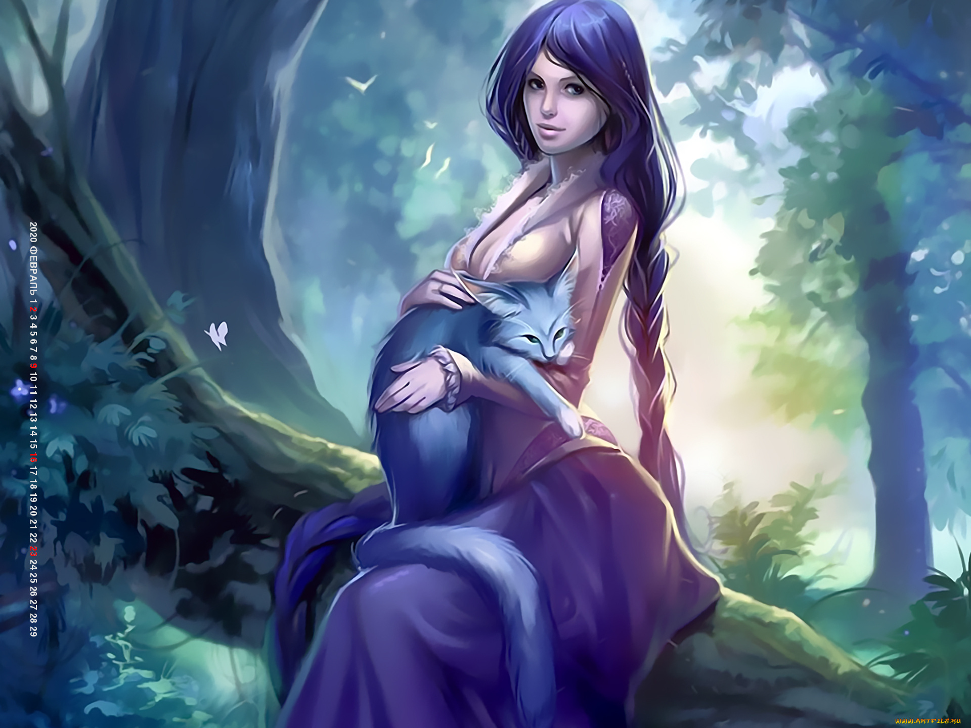 календари, фэнтези, кошка, девушка, природа, растение, животное, дерево, calendar, 2020