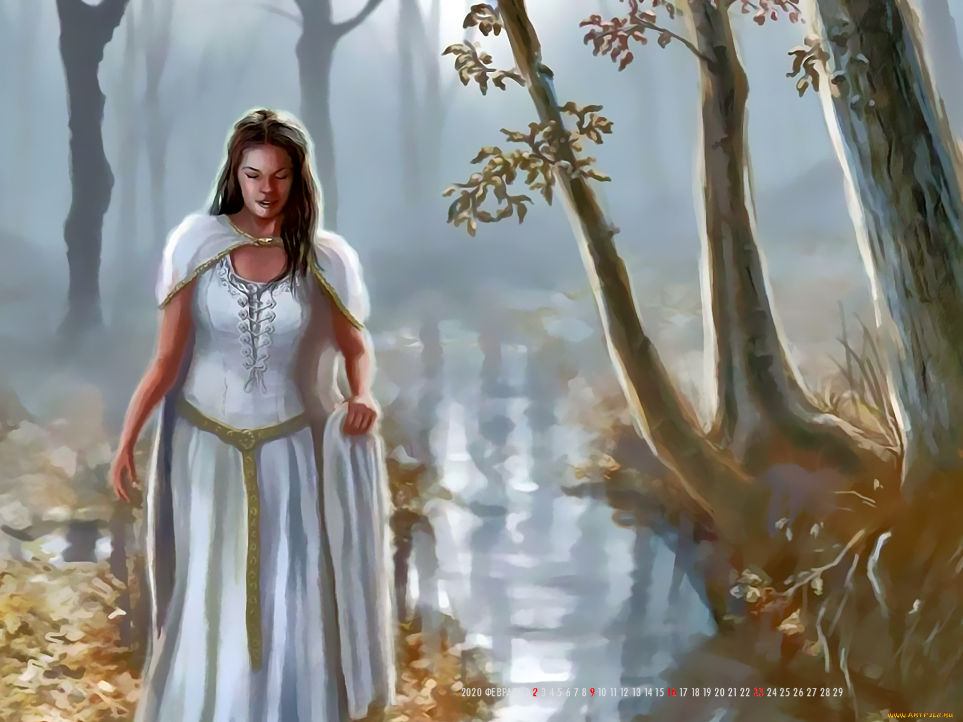 календари, фэнтези, водоем, деревья, природа, девушка, вода, calendar, 2020