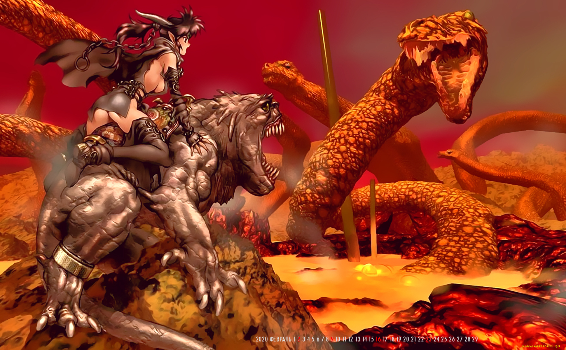 календари, фэнтези, девушка, воительница, монстр, битва, существо, calendar, 2020