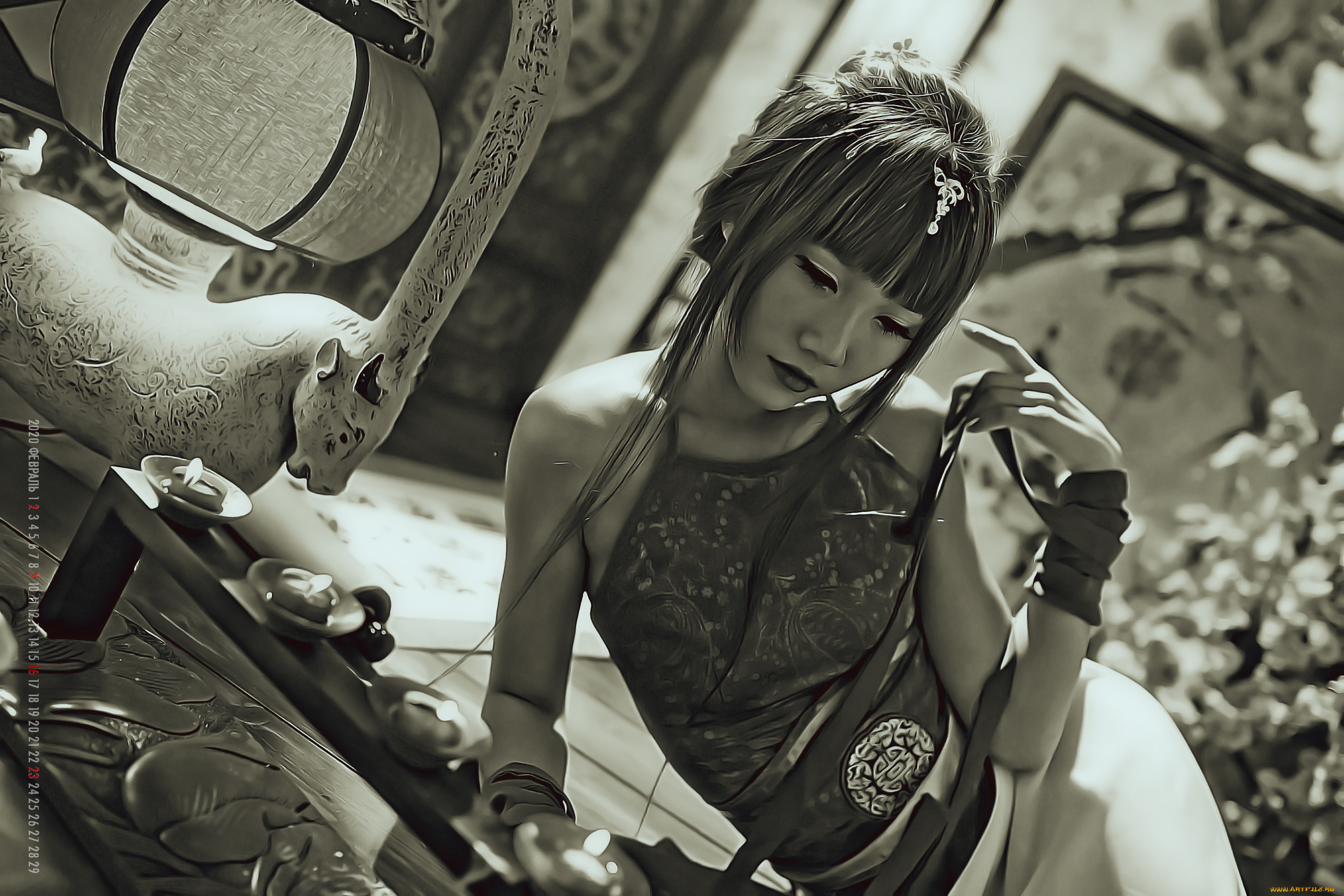 календари, компьютерный, дизайн, азиатка, комната, модель, девушка, женщина, calendar, 2020