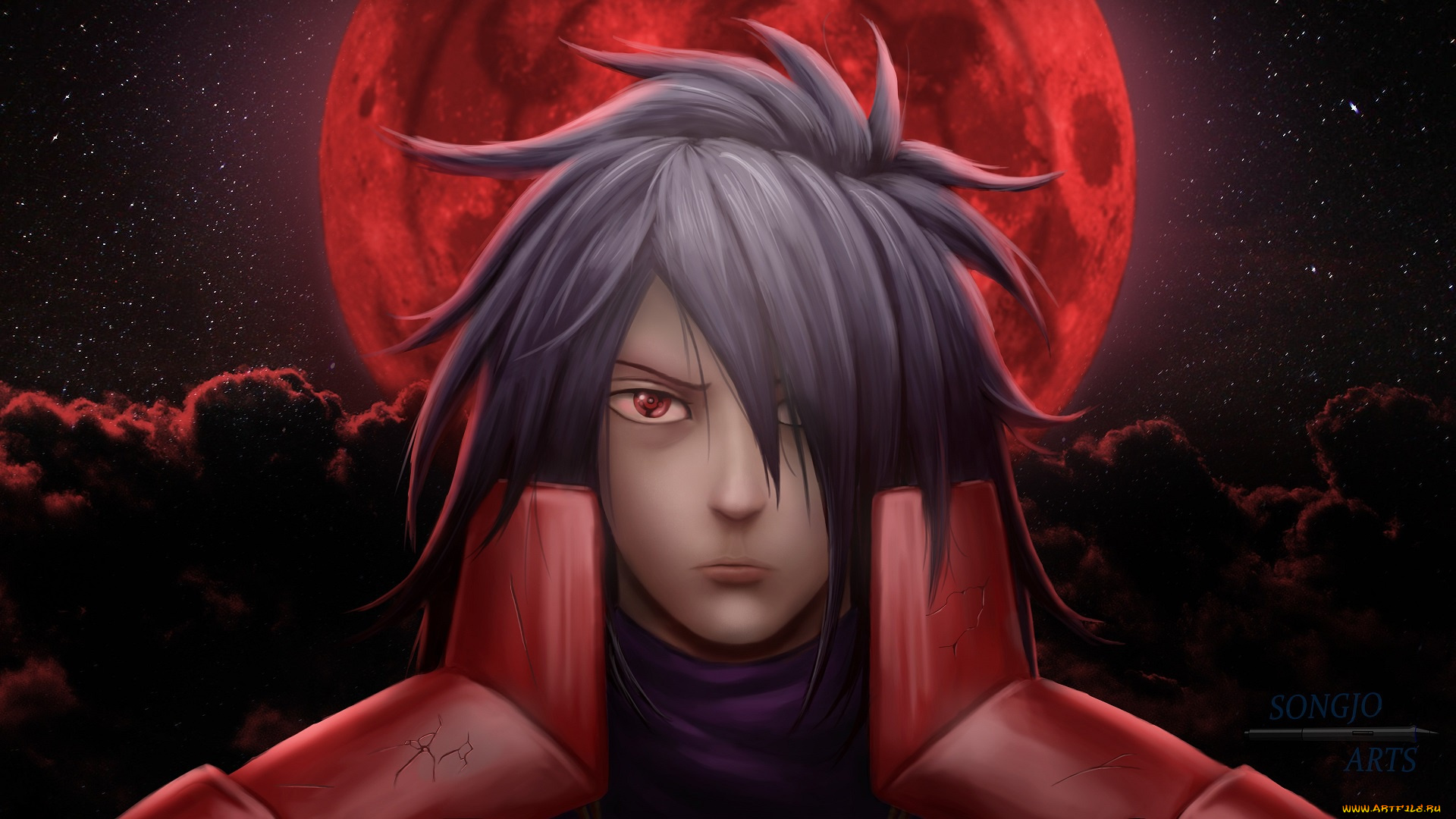 аниме, naruto, учиха, мадара, луна, тучи