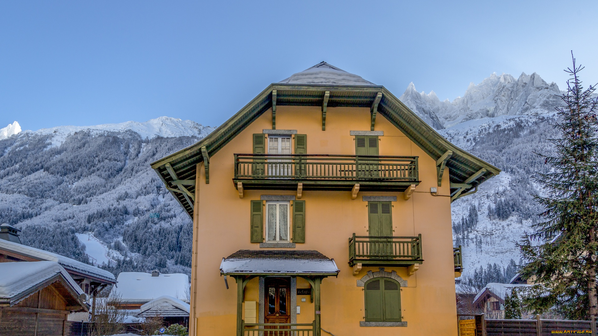 города, -, здания, , дома, горы, зима, снег, жилой, дом