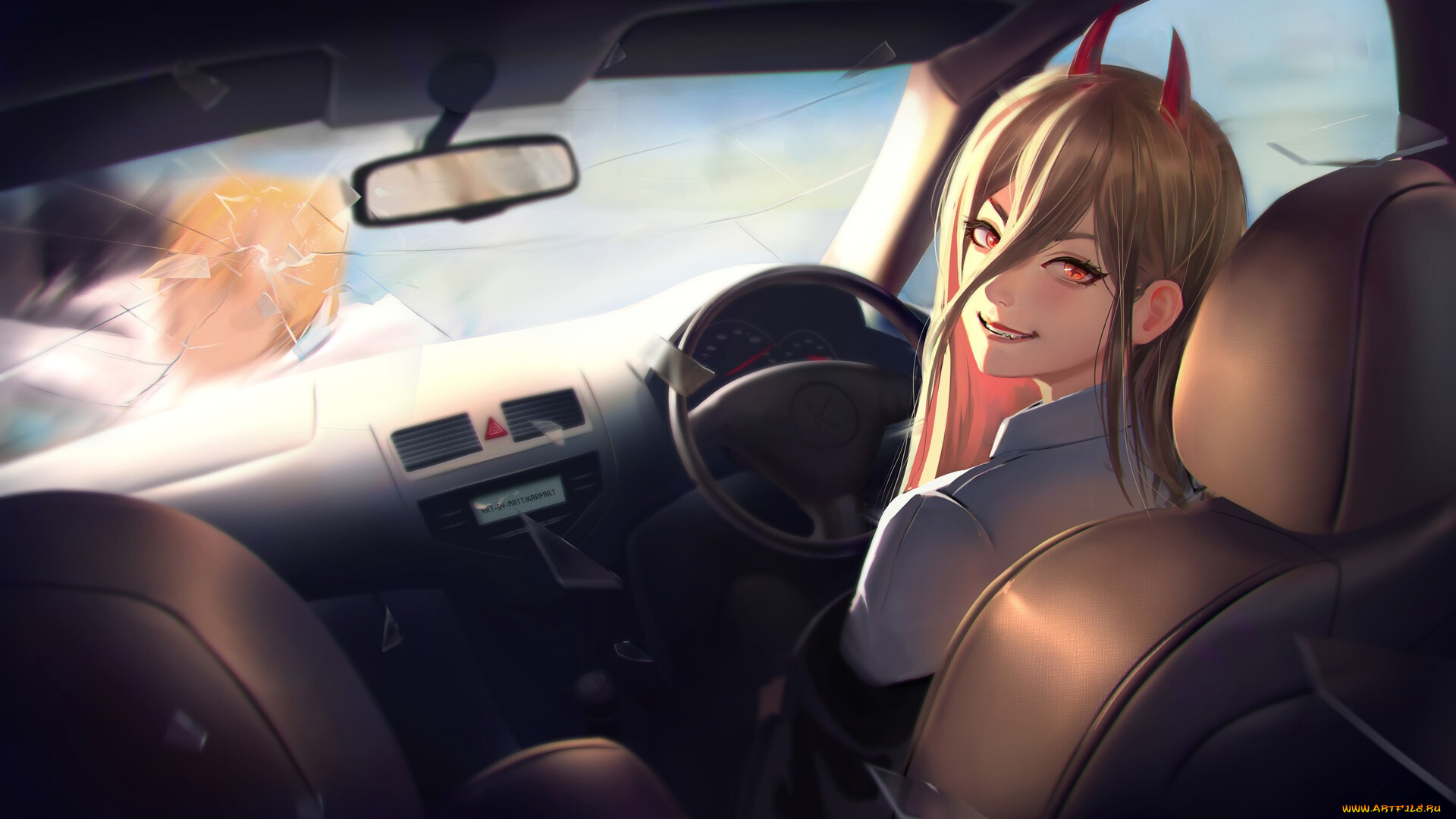 аниме, chainsaw, man, девушка, рога, машина