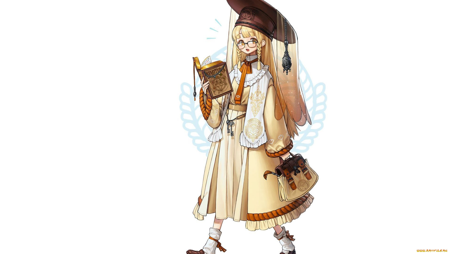 аниме, unknown, , другое, , девочка, шляпа, сумка, книга