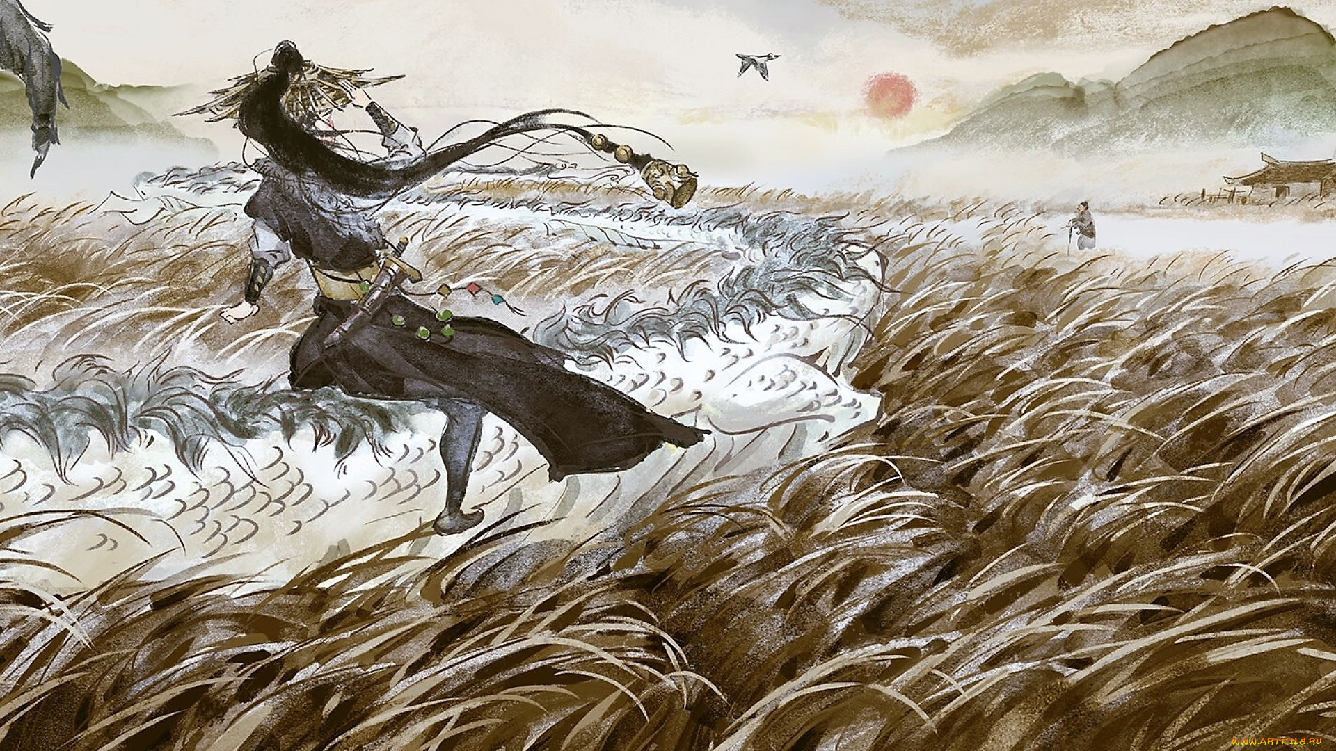 аниме, животные, , существа, человек, дракон, поле, люди, птицы