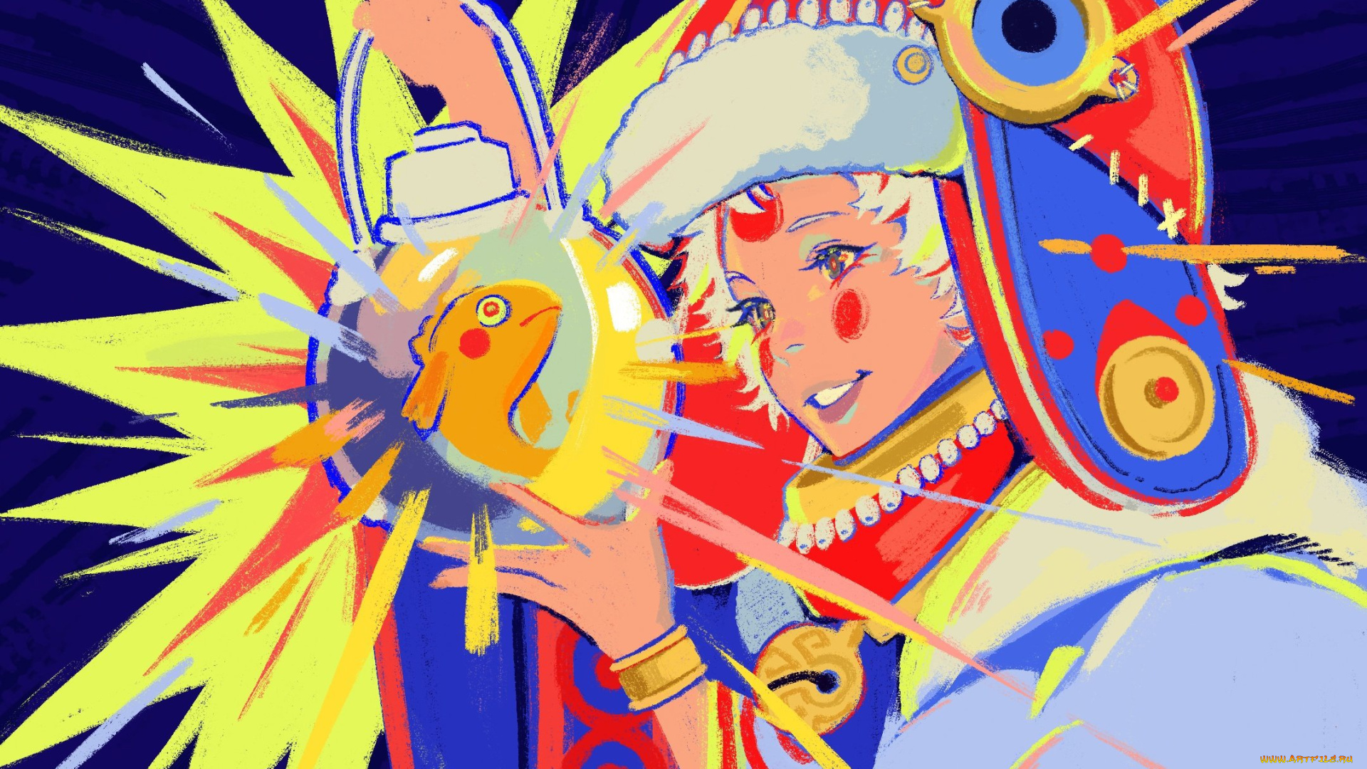 аниме, животные, , существа, девочка, шапка, фонарь, рыбка