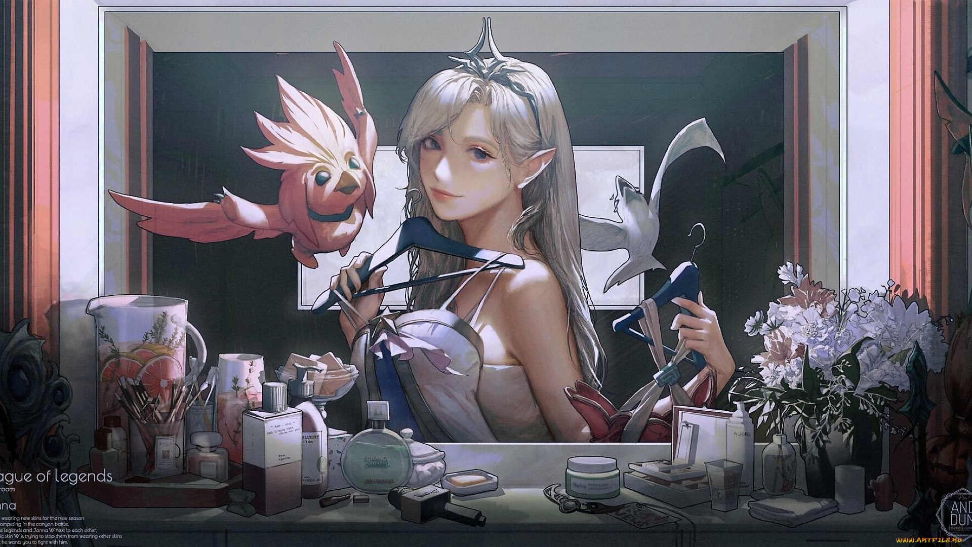 видео, игры, league, of, legends, janna, зеркало, птицы, косметика, наряды